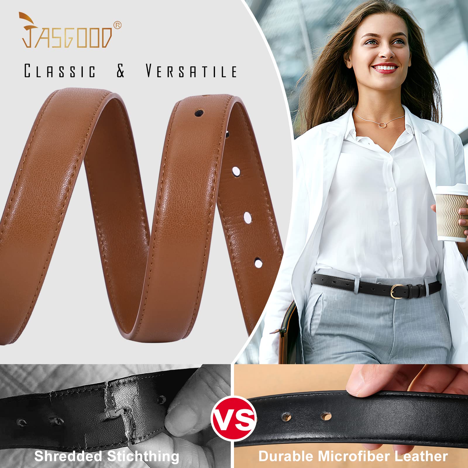 JASGOOD Women Leather Belt Fashion Dress Belt with Gold Buckle for Ladies Jeans Pants