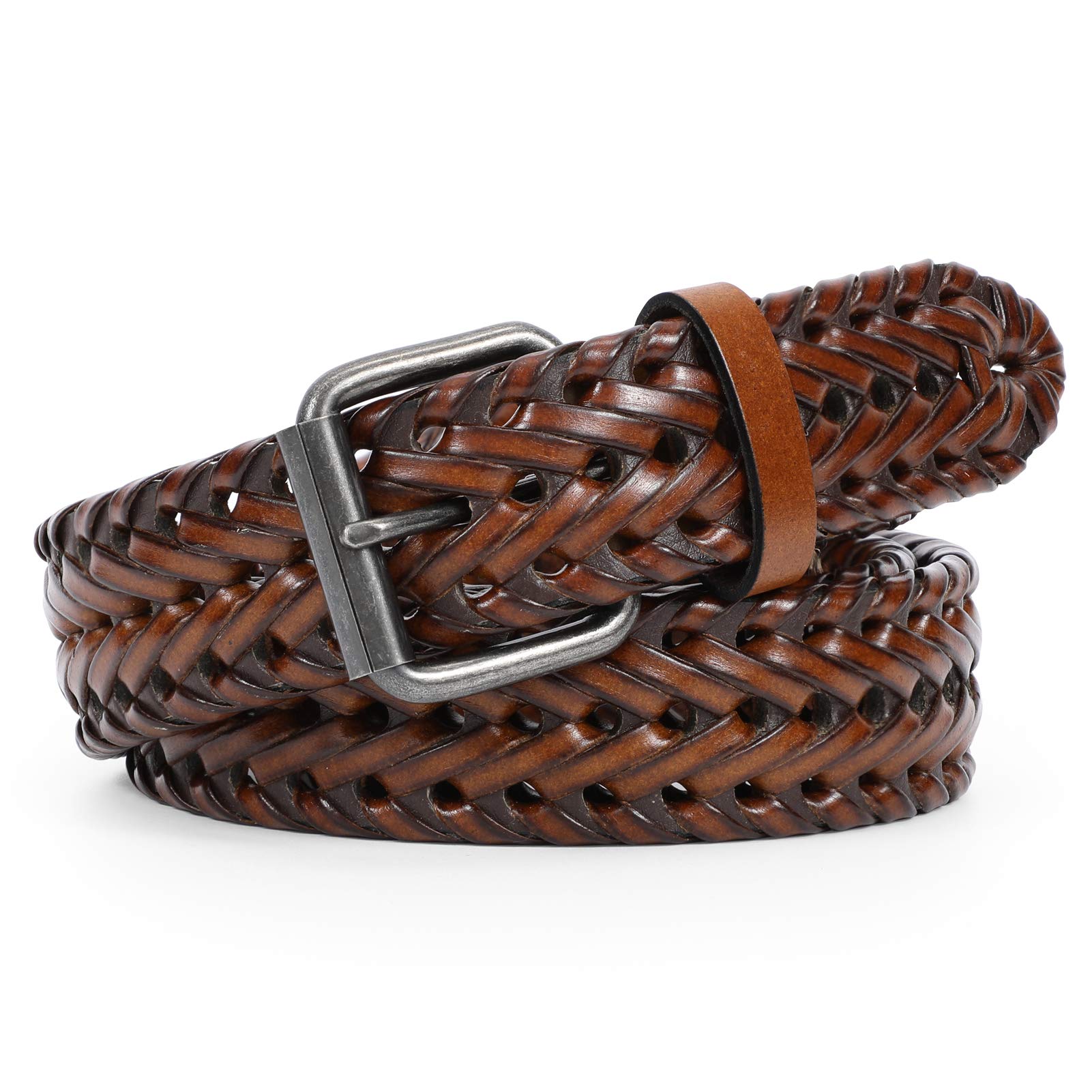 JASGOOD Men’s Leather Braided Belt, Leather Woven Belt for Jeans 1.3 Inch Wide with Prong Buckle