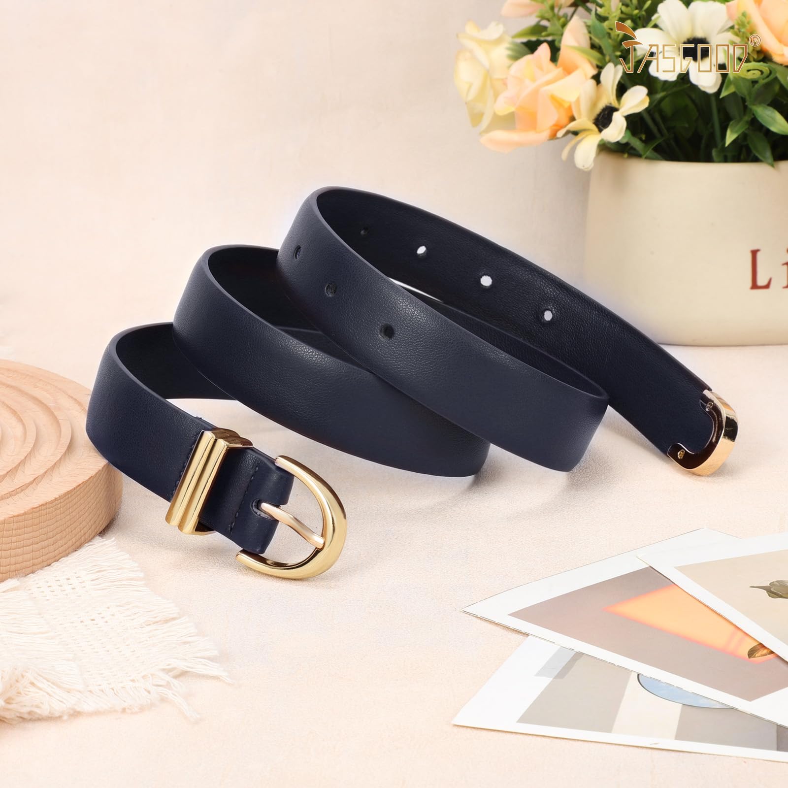 JASGOOD Women Leather Belt for Jeans Pants Fashion Gold Buckle Ladies Waist Belt