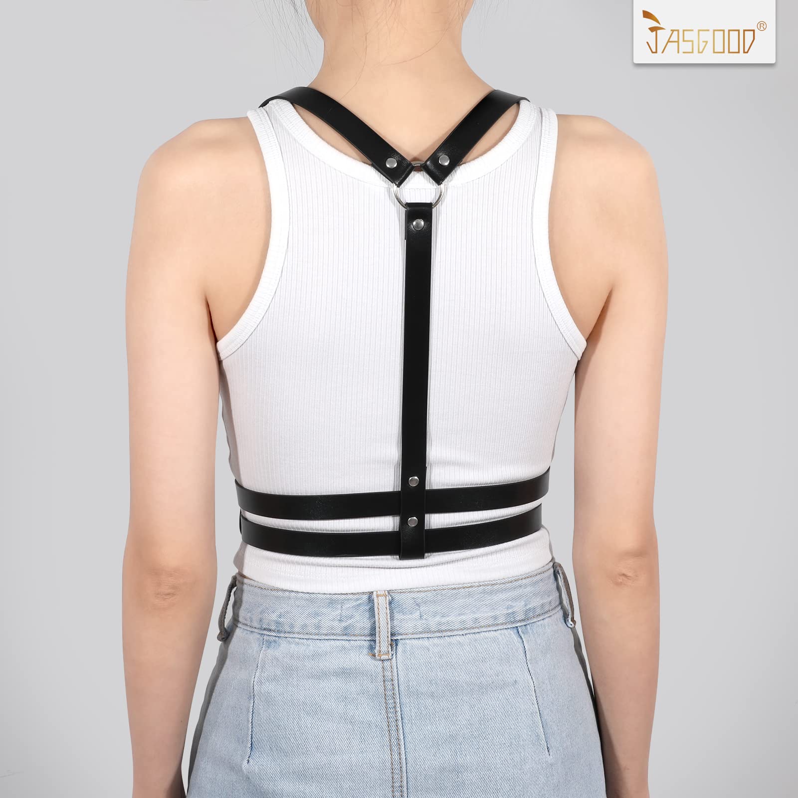 JASGOOD Punk Waist Belt Women PU Leather Skinny Body Adjustable Belts with Gothic Circle for Party