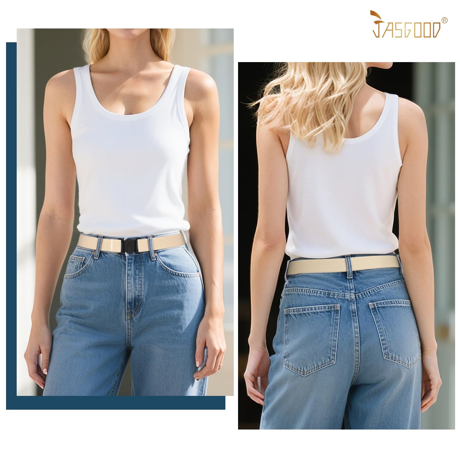 JASGOOD Women No Show Stretch Belt Flat Buckle Elastic Web Belt for Jeans Pants Dresses