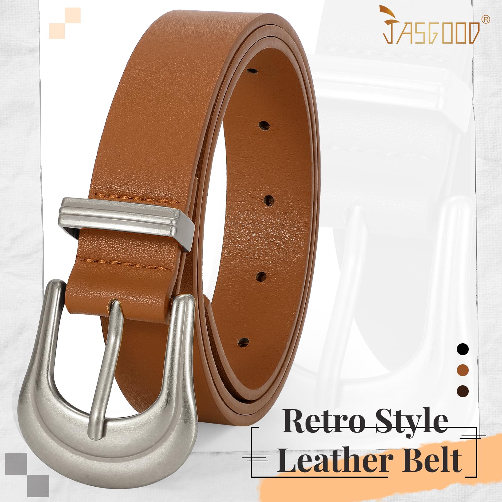JASGOOD Women's Western Belt Vintage Black Leather Waist Belt for Pants Jeans with Gold Buckle