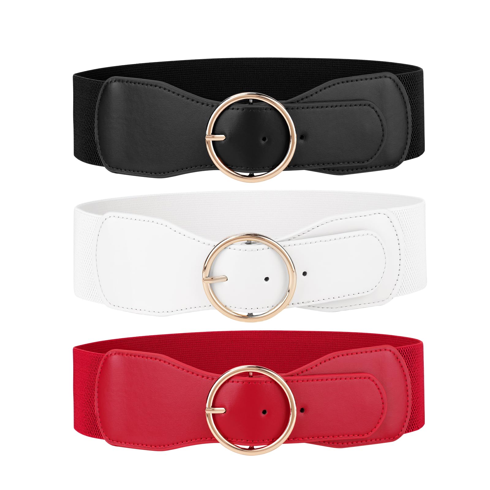 JASGOOD 3 Pack Women Wide Elastic Waist Belt for Dress Ladies Stretch Belt with Gold Round Buckle - JASGOOD OFFICIAL