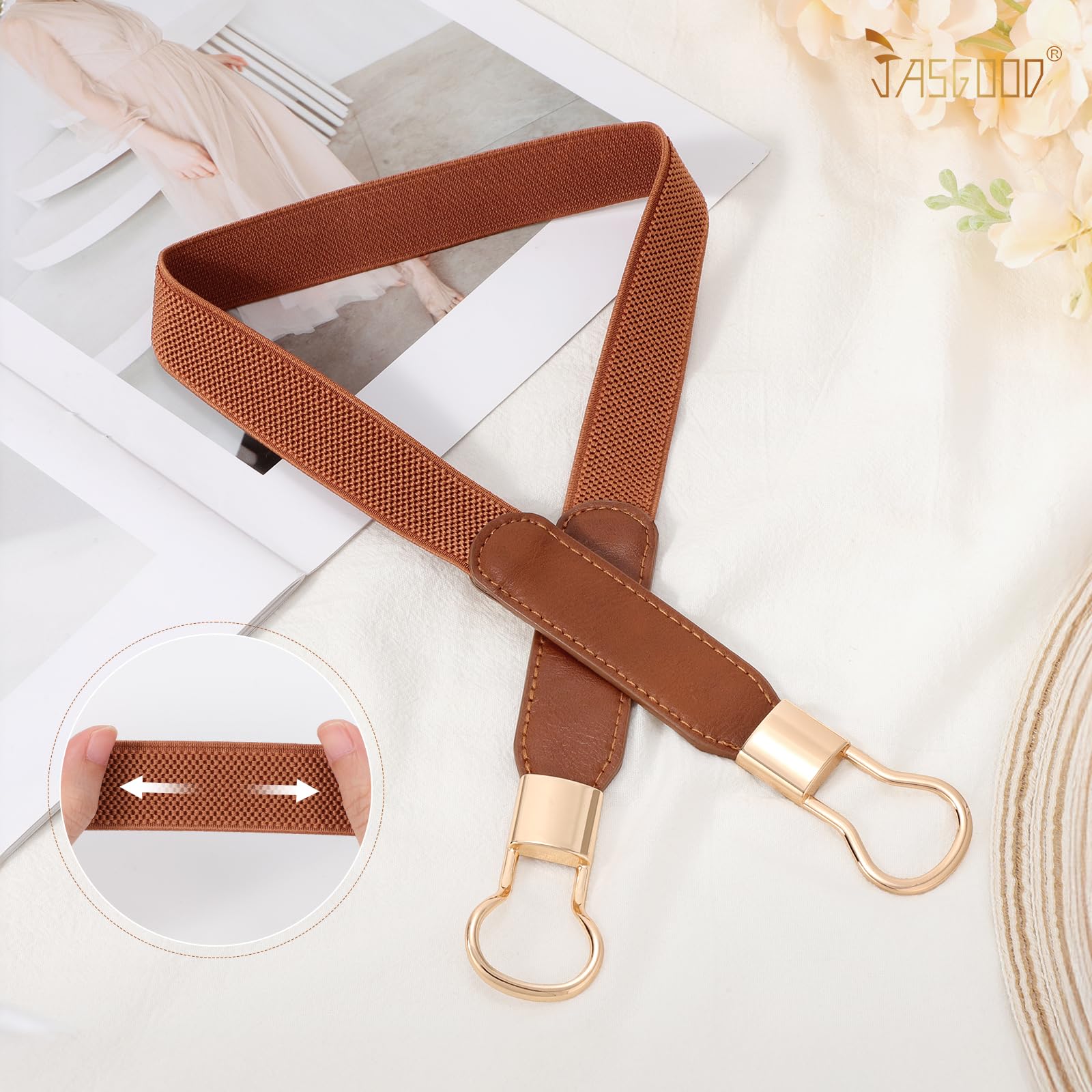 JASGOOD Women Retro Elastic Stretchy Metal Buckle Skinny Waist Belt 1 inch Wide