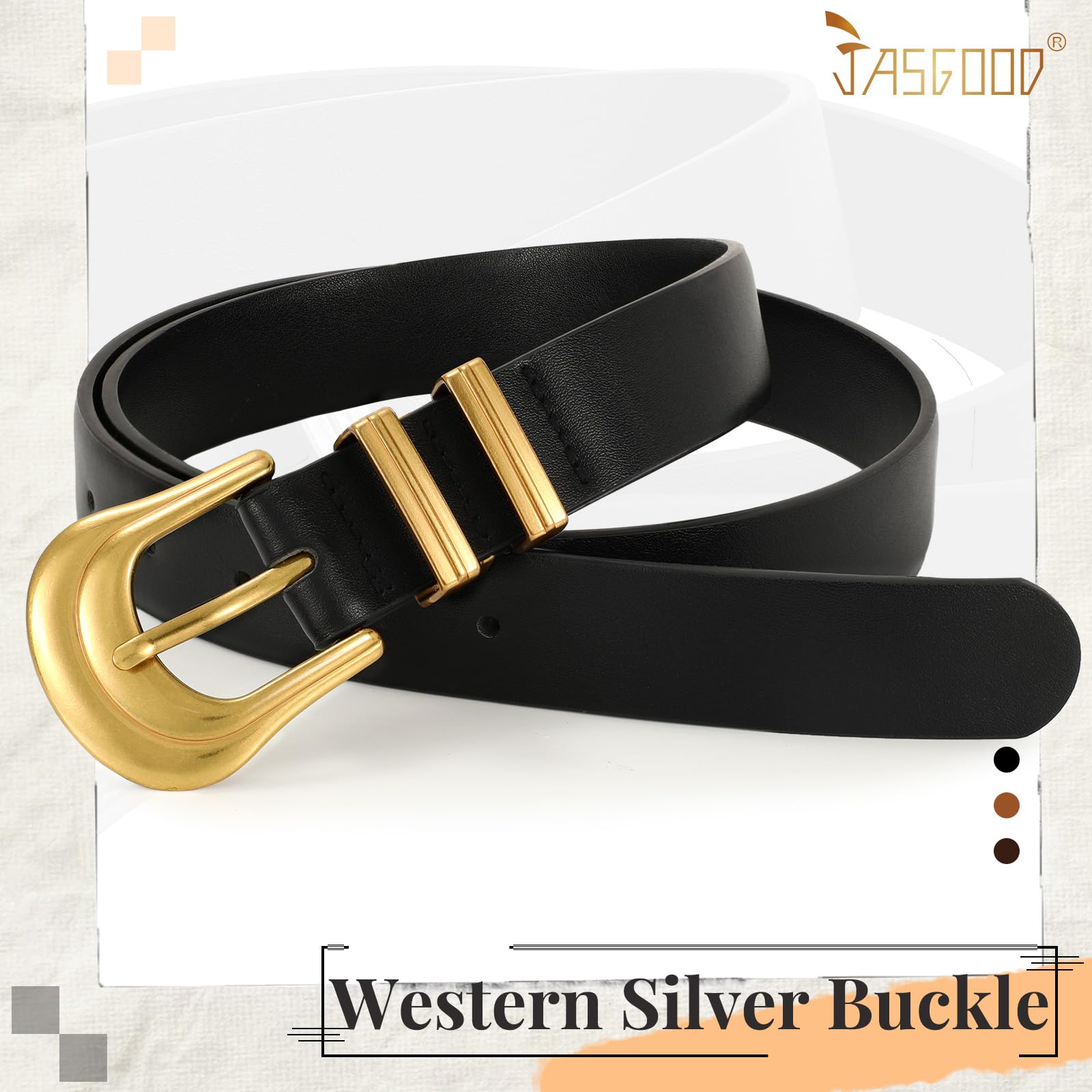 JASGOOD Women's Western Belt Vintage Black Leather Waist Belt for Pants Jeans with Gold Buckle