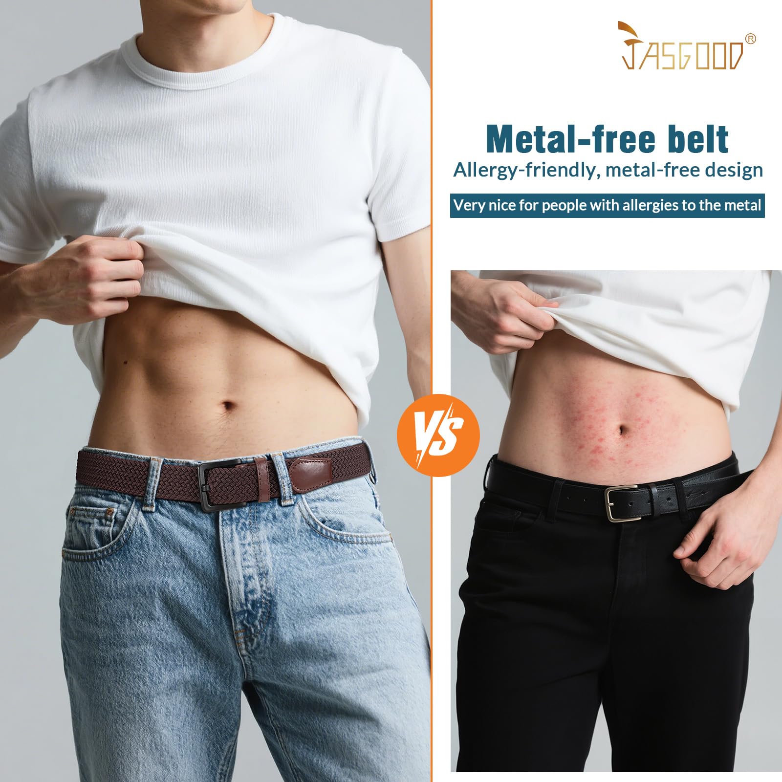 JASGOOD Elastic Braided Belt Men Stretch Golf Woven Casual Jeans Pants Canvas Fabric Tsa Approved Metal Free Belt