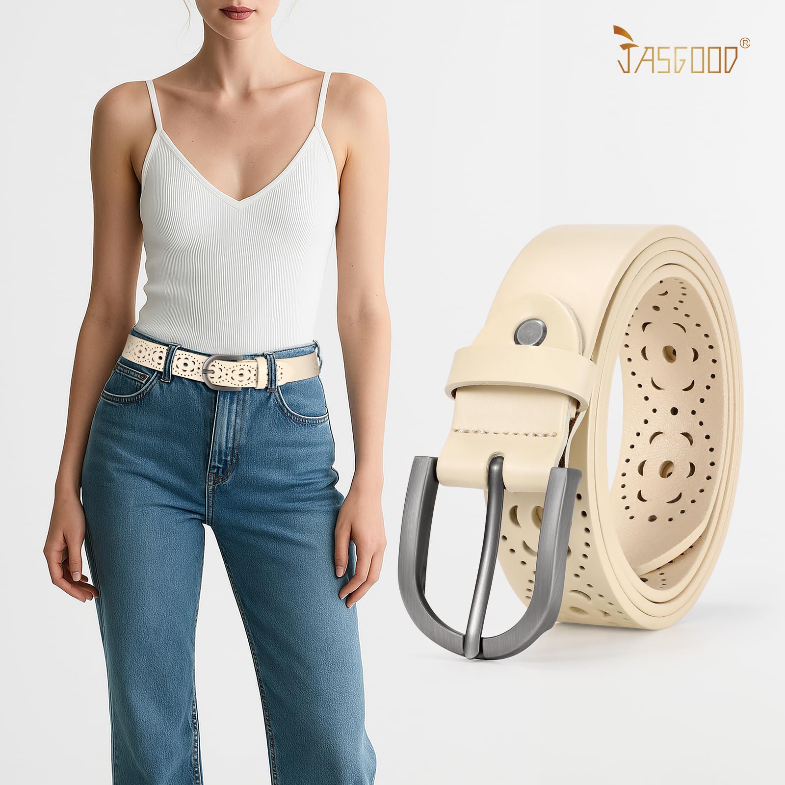 JASGOOD Hollow Genuine Leather Belt for Women Ladies Belt for Jeans Pants Casual Waist Belt - JASGOOD OFFICIAL