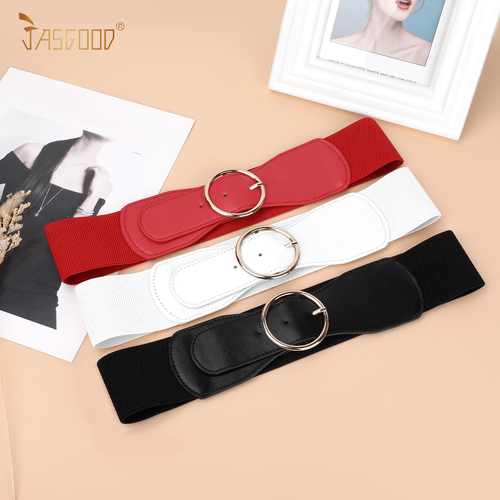 JASGOOD 3 Pack Women Wide Elastic Waist Belt for Dress Ladies Stretch Belt with Gold Round Buckle - JASGOOD OFFICIAL