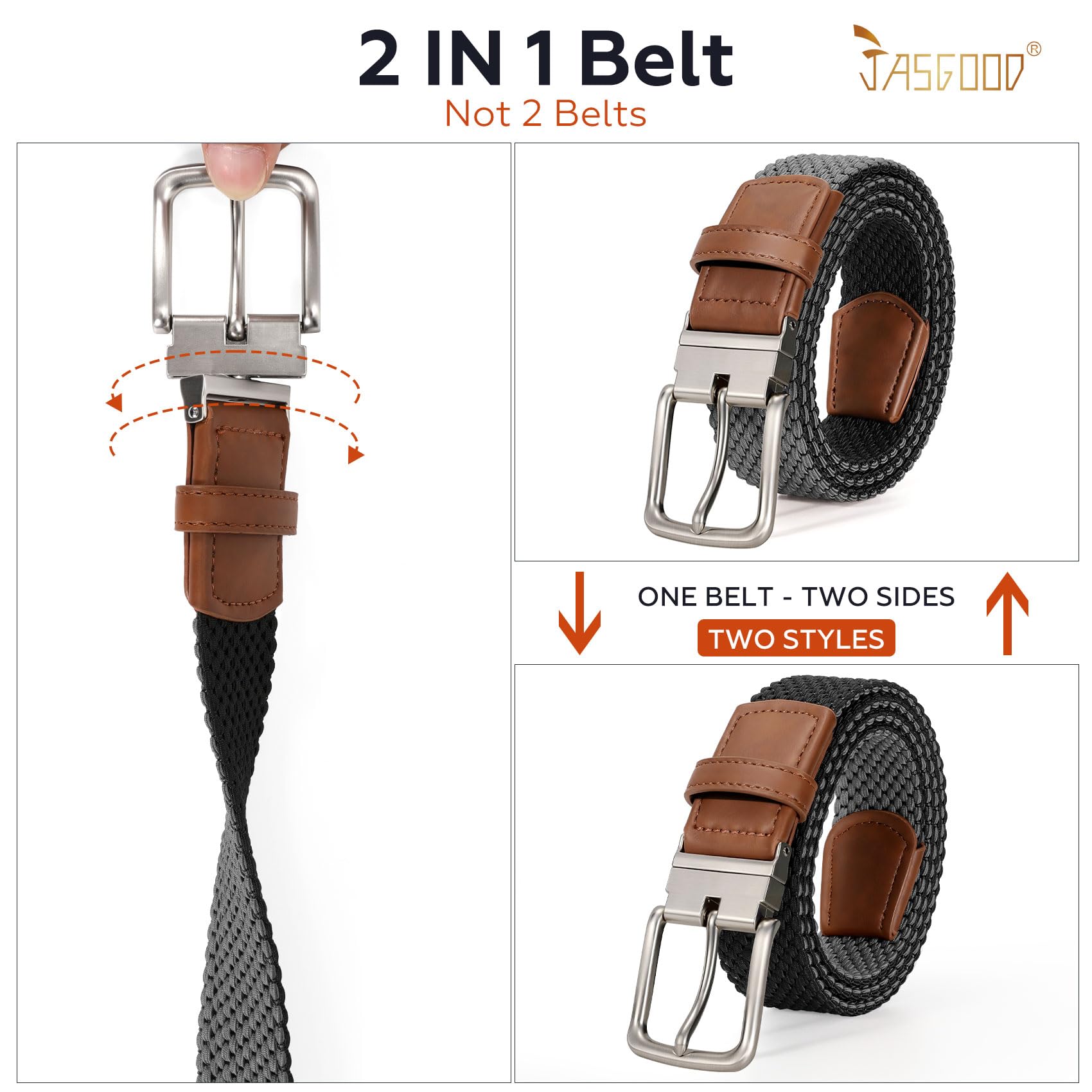 JASGOOD Reversible Elastic Braided Belt for Men, 1.34" Casual Woven Stretch Golf Belt for Jeans Shorts Pants