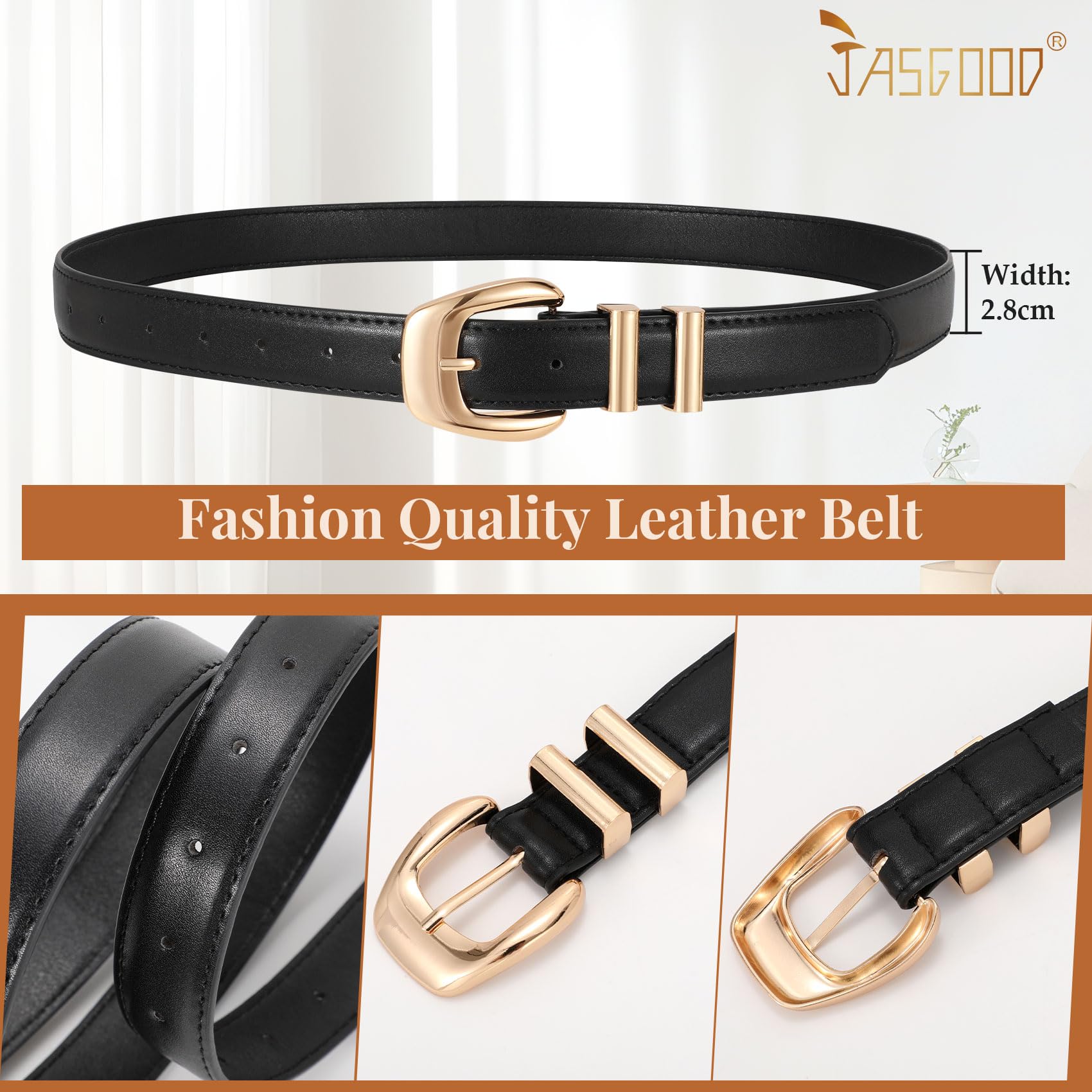 JASGOOD Women Leather Belt with Gold Buckle Plus Size Belt for Jeans Pants PU Leather Waist Belt for Ladies