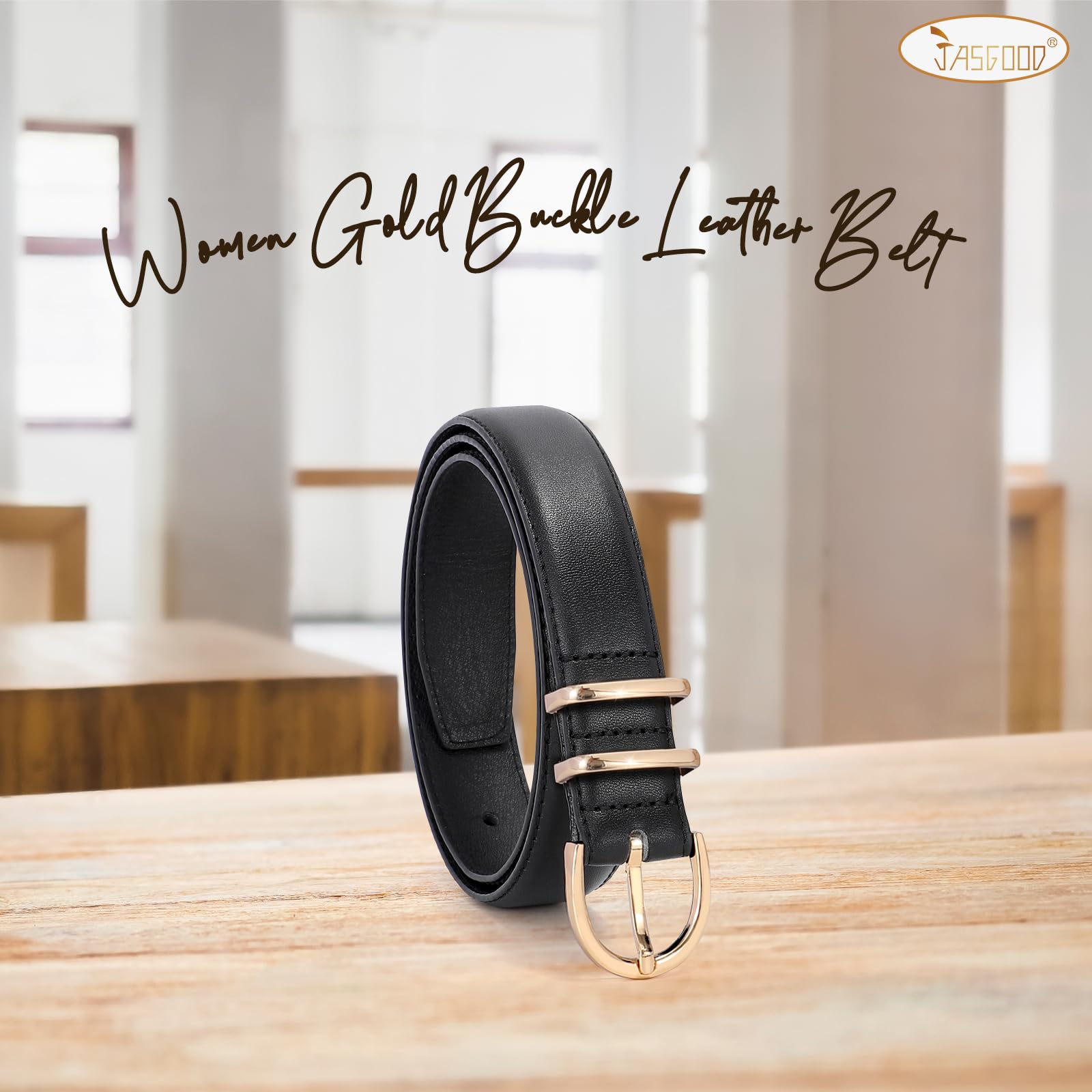JASGOOD Women Leather Belt Fashion Dress Belt with Gold Buckle for Ladies Jeans Pants