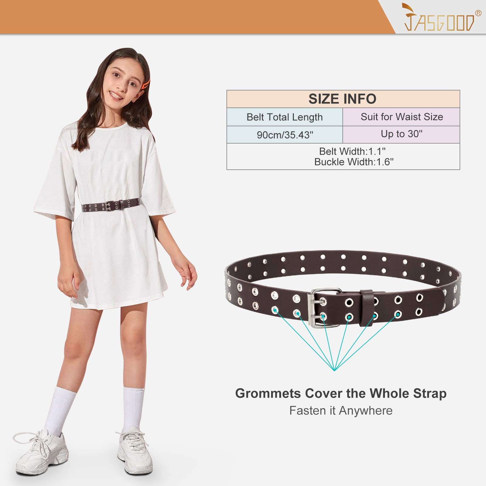 JASGOOD Kids Double Grommet Belt for Girls and Boys, PU Leather Kids Double Studded Holes Belt for Jeans Pants - JASGOOD OFFICIAL