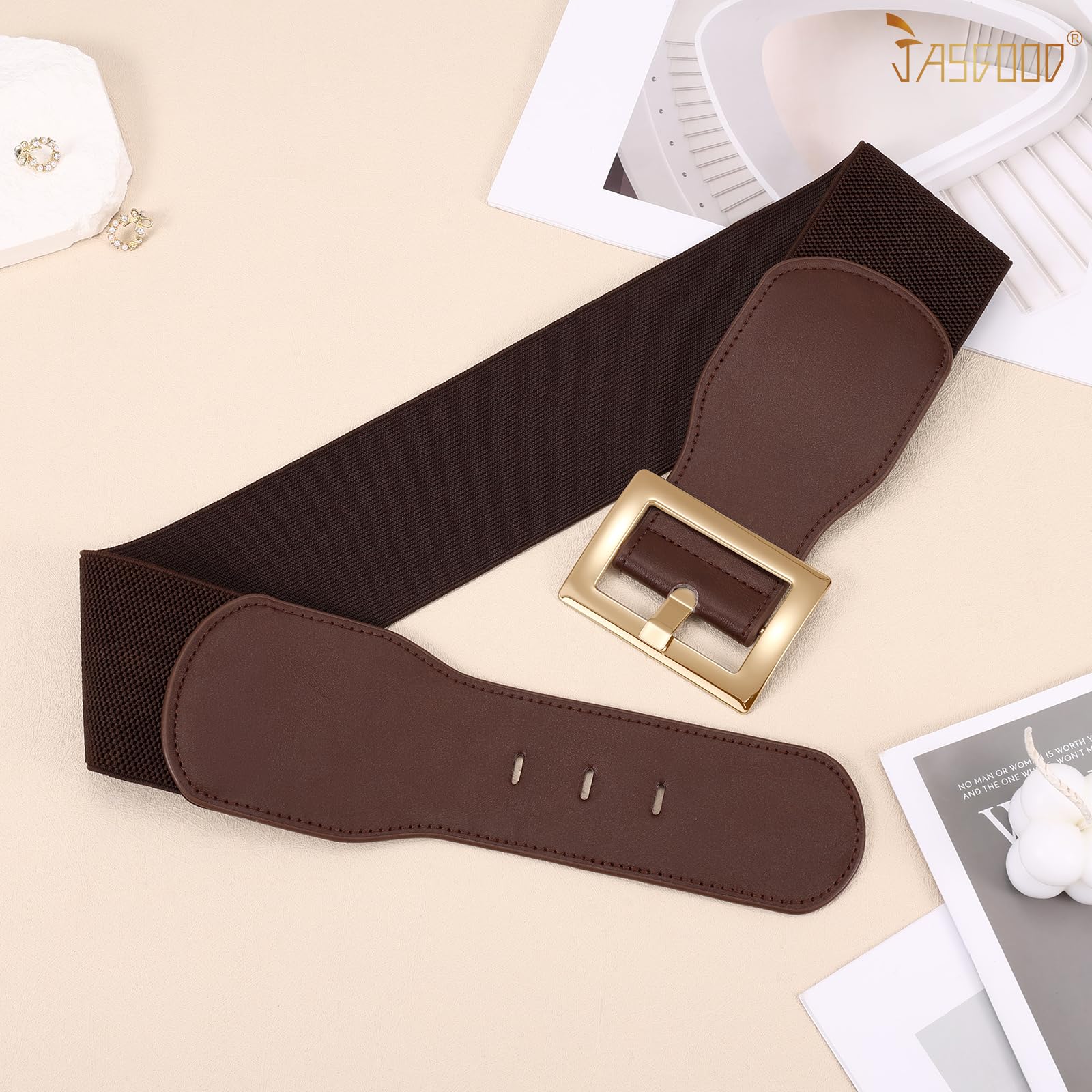 JASGOOD Women Wide Elastic Belt Stretchy Vintage Waist Belts for Dress Santa Belt with Square Buckle