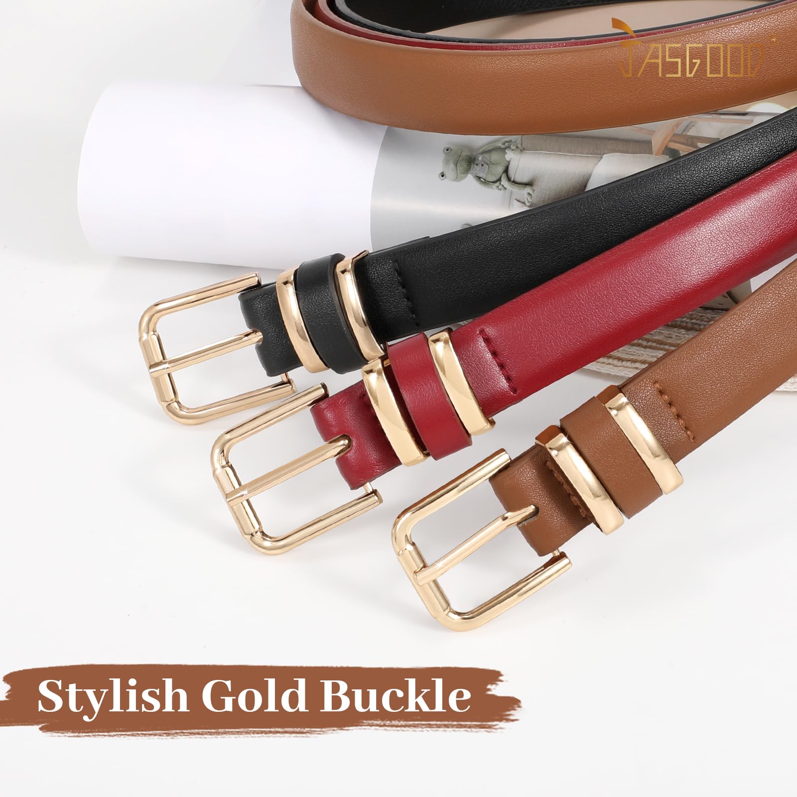JASGOOD 3 Pack Belts for Women Belt for Jeans Pants Dress Ladies Leather Fashion Waist Thin Belts with Gold Buckle