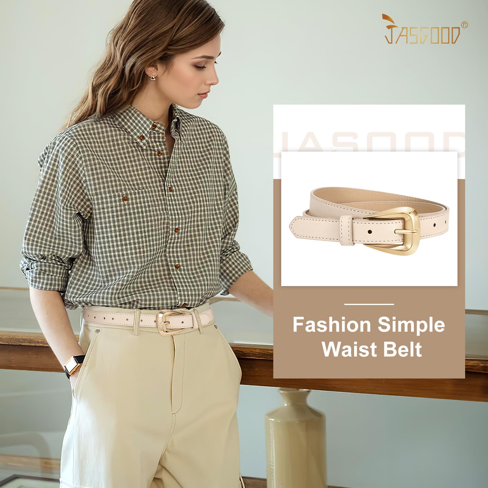 JASGOOD Women Leather Belts for Jeans Pants Soft Leather Waist Belt for Ladies Vintage Belt with Gold Buckle 0.9" Width