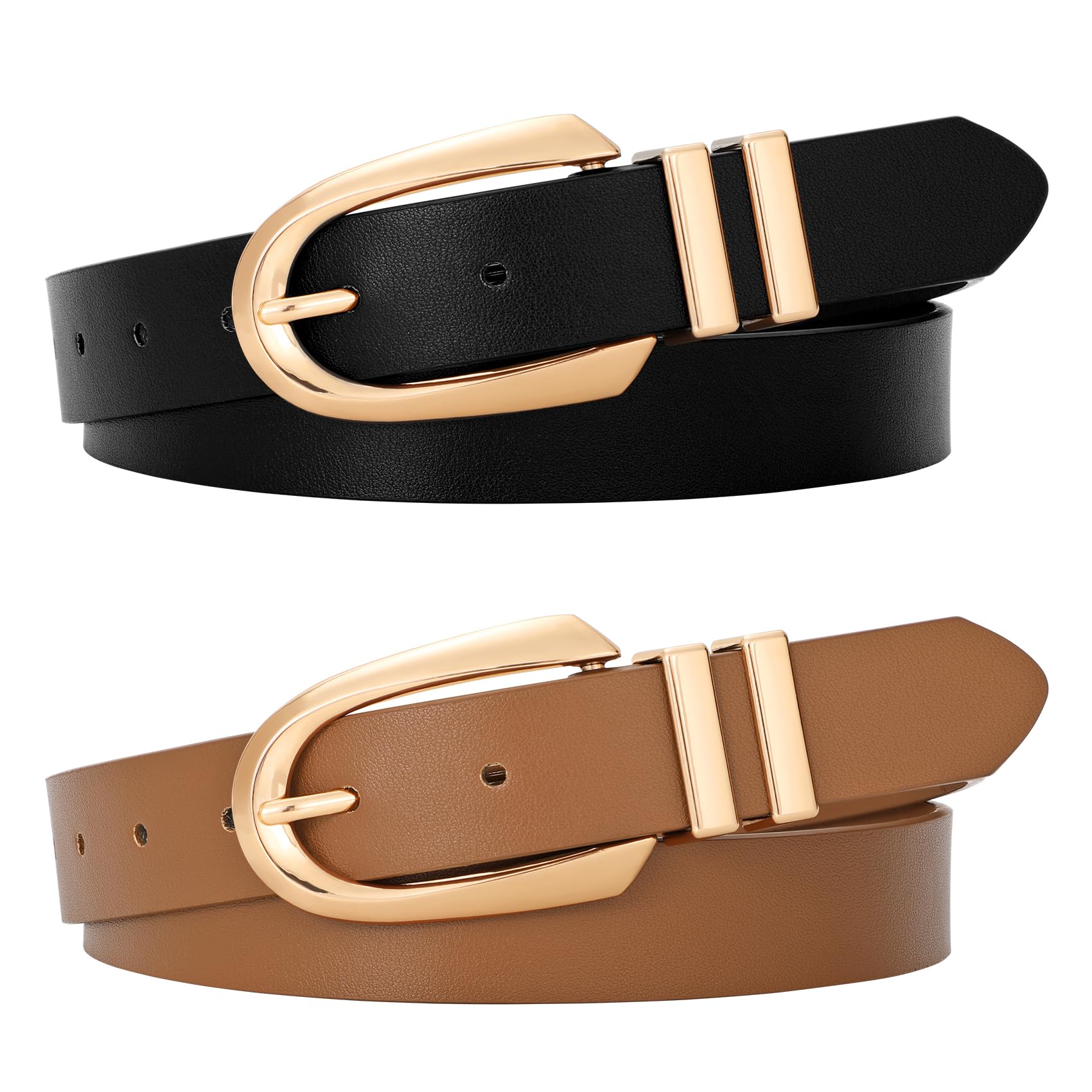 JASGOOD Women Leather Belt Fashion Waist Belt for Pants Jean Ladies Faux Leather Dress belt with Gold/Silver Buckle 2 Pack
