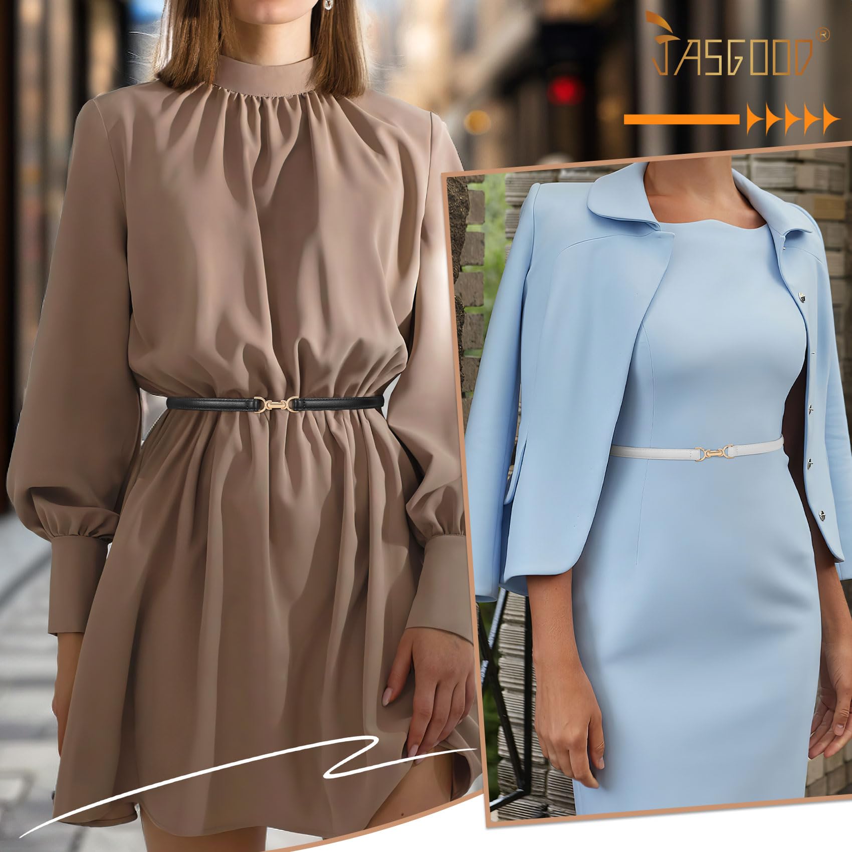 JASGOOD 2 Pack Women Skinny Faux Leather Belts Thin Waist Belts With Adjustable Gold Buckle for Dresses Jeans