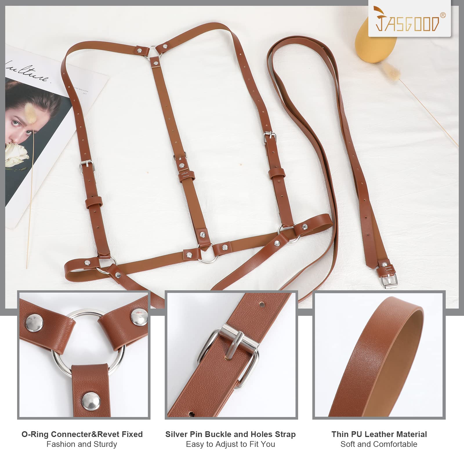 JASGOOD Punk Waist Belt Women PU Leather Skinny Body Adjustable Belts with Gothic Circle for Party