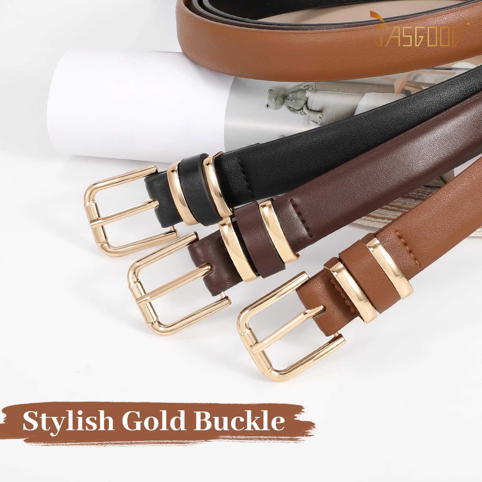 JASGOOD 3 Pack Women's Leather Belts for Jeans Dress Pants Trendy Belts with Gold Buckle