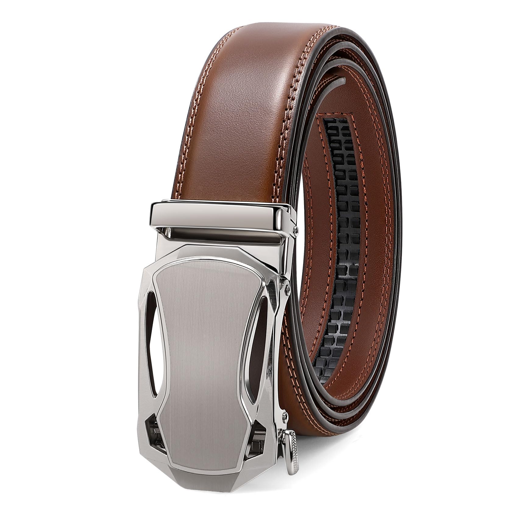 JASGOOD Mens Belt Ratchet Leather Belt for Men Dress Casual with Adjustable Buckle, Automatic Slide Belt Comfort Trim to Fit