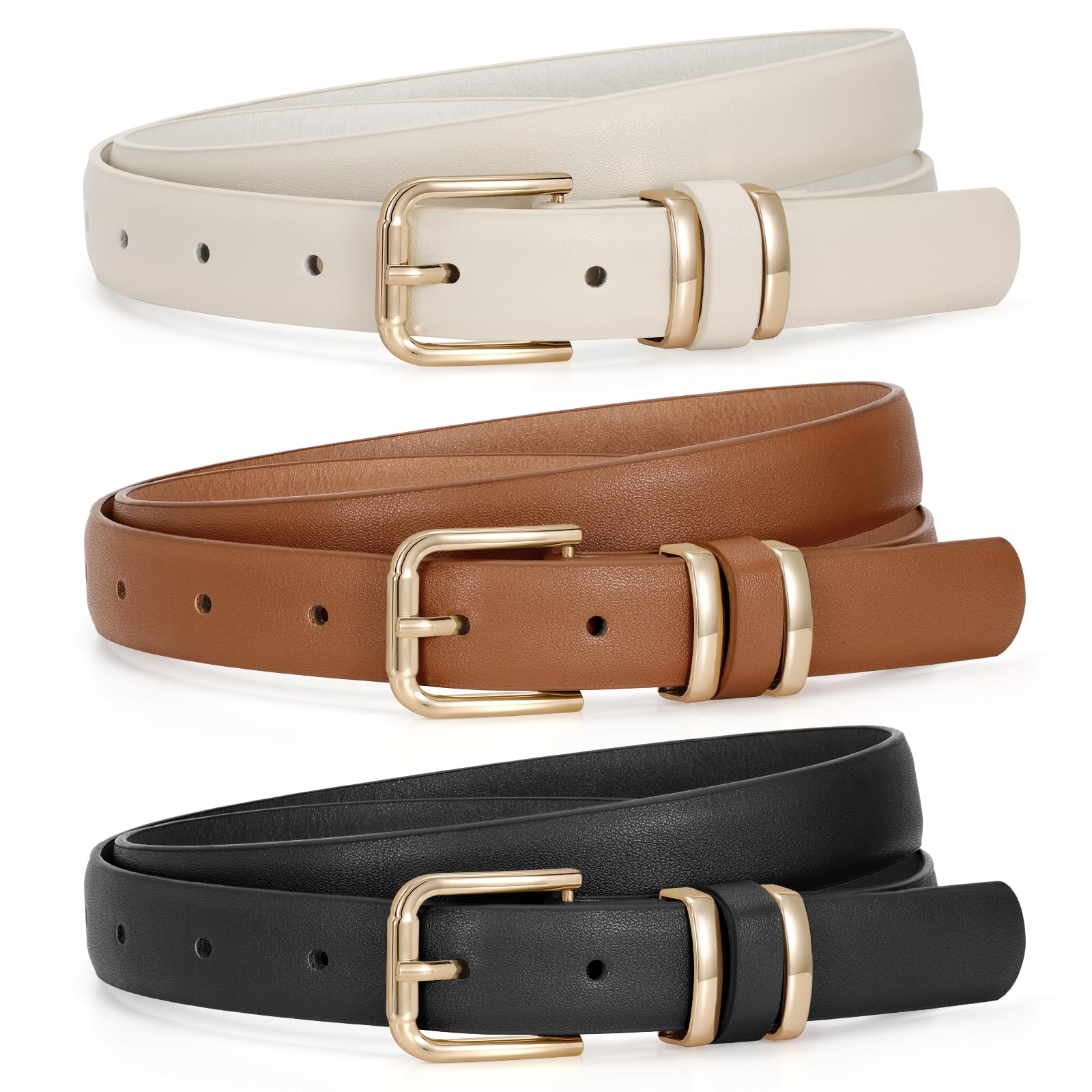 JASGOOD 3 Pack Belts for Women Belt for Jeans Pants Dress Ladies Leather Fashion Waist Thin Belts with Gold Buckle