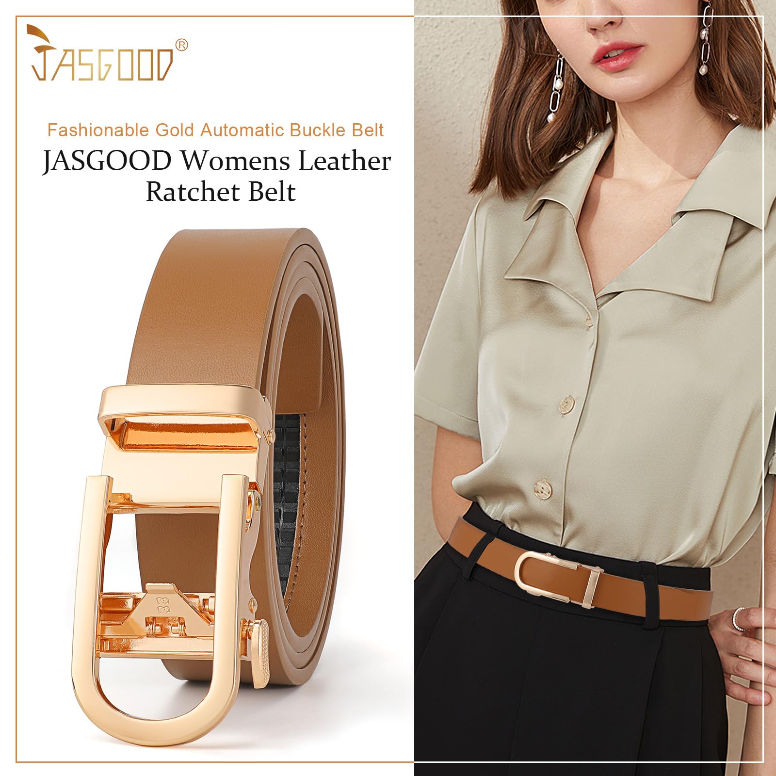 JASGOOD Women Leather Ratchet Belt for Jeans Pants Dresses Adjustable Belt with Automatic Sliding Buckle, Width 1.2" - JASGOOD OFFICIAL