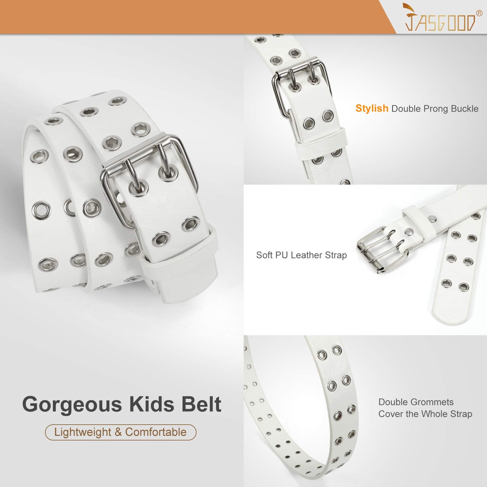 JASGOOD Kids Double Grommet Belt for Girls and Boys, PU Leather Kids Double Studded Holes Belt for Jeans Pants - JASGOOD OFFICIAL