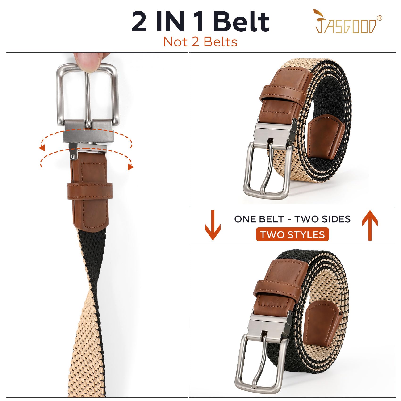 JASGOOD Reversible Elastic Braided Belt for Men, 1.34" Casual Woven Stretch Golf Belt for Jeans Shorts Pants