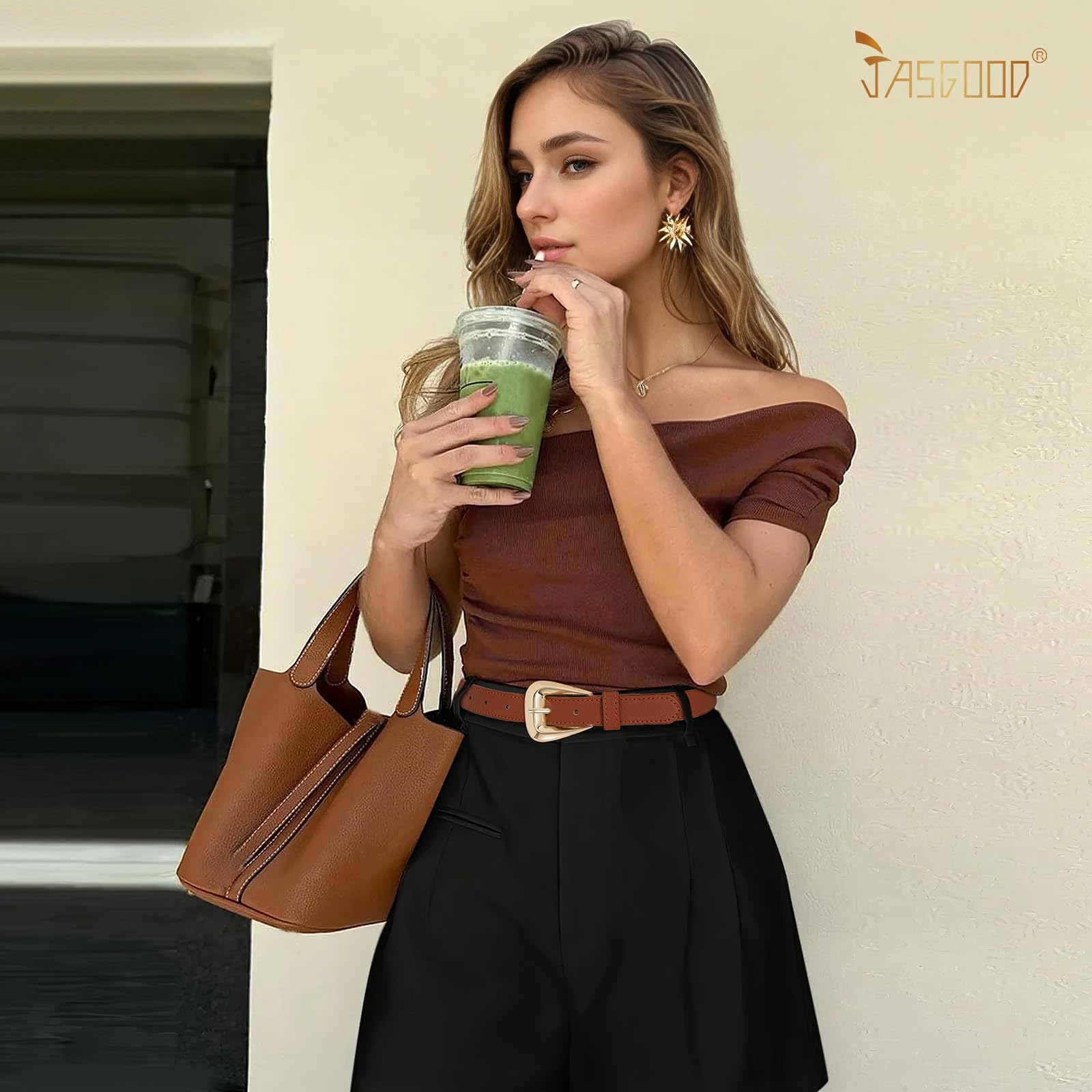 JASGOOD Women Leather Belts for Jeans Pants Soft Leather Waist Belt for Ladies Vintage Belt with Gold Buckle 0.9" Width