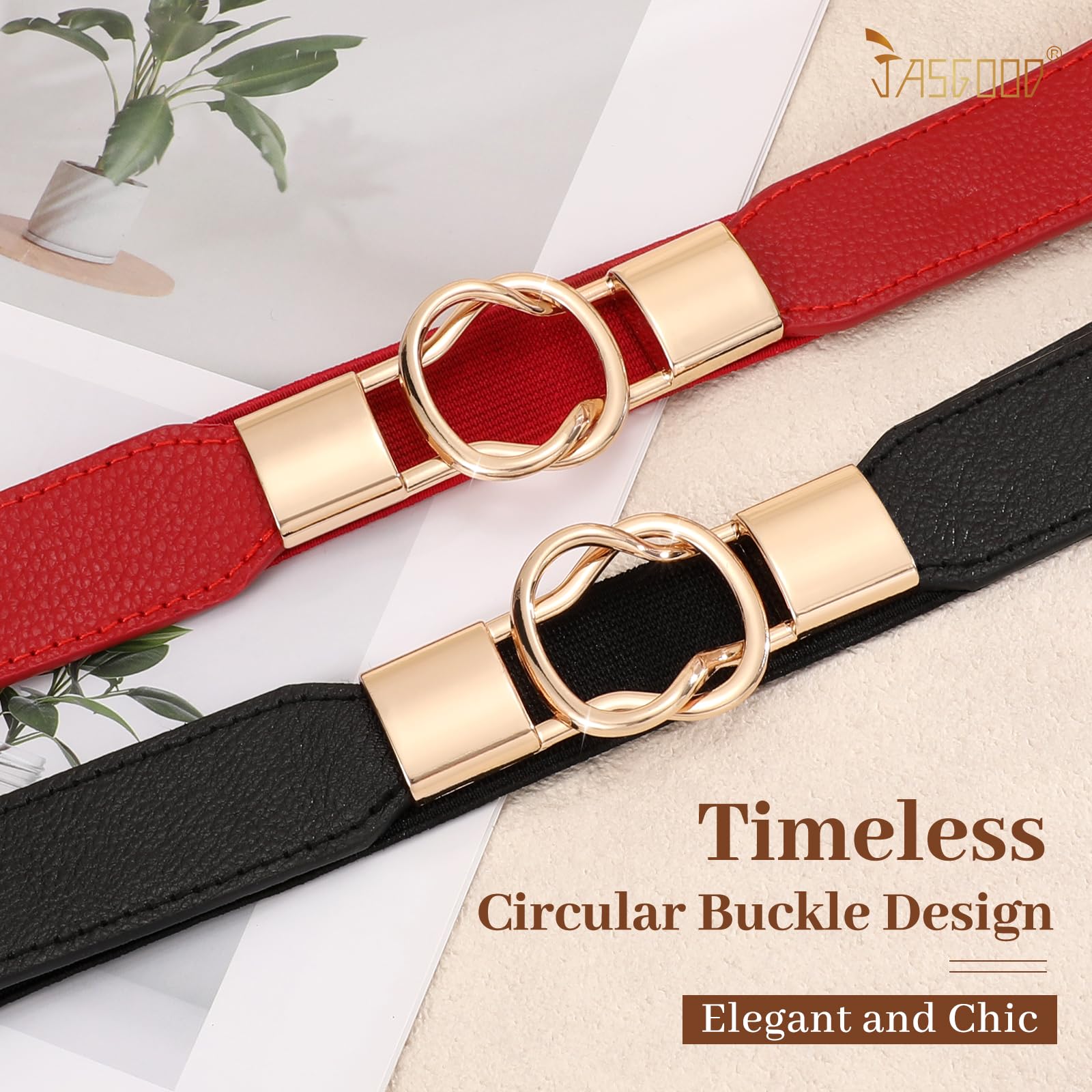 JASGOOD Women Retro Elastic Stretchy Metal Buckle Skinny Waist Belt 1 inch Wide