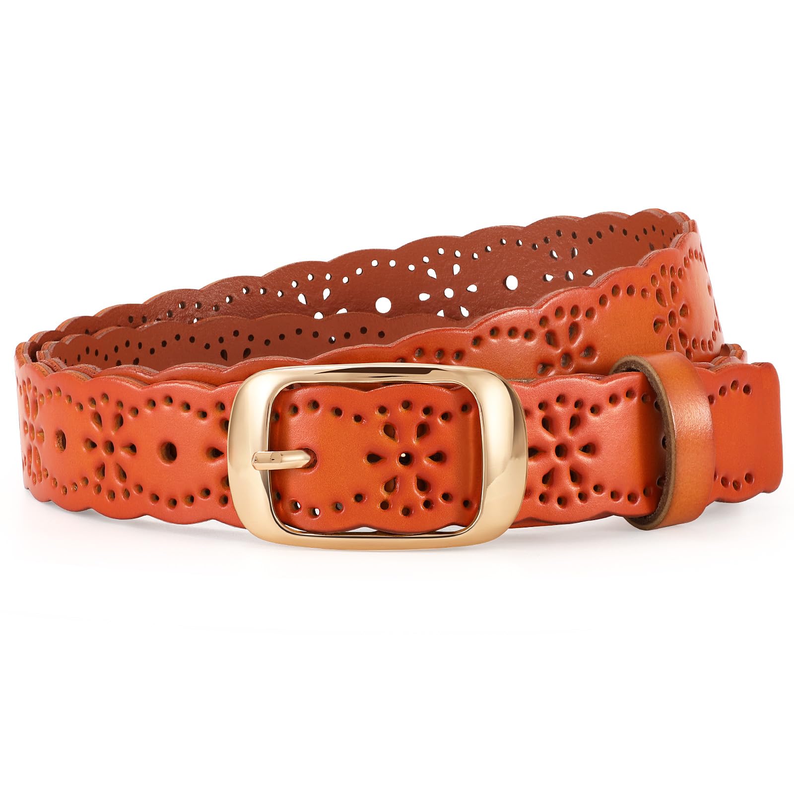 JASGOOD Leather Belt for Women Hollow Flower Leather Belt for Jeans Pants Fashion Waist Belt with Gold Buckle