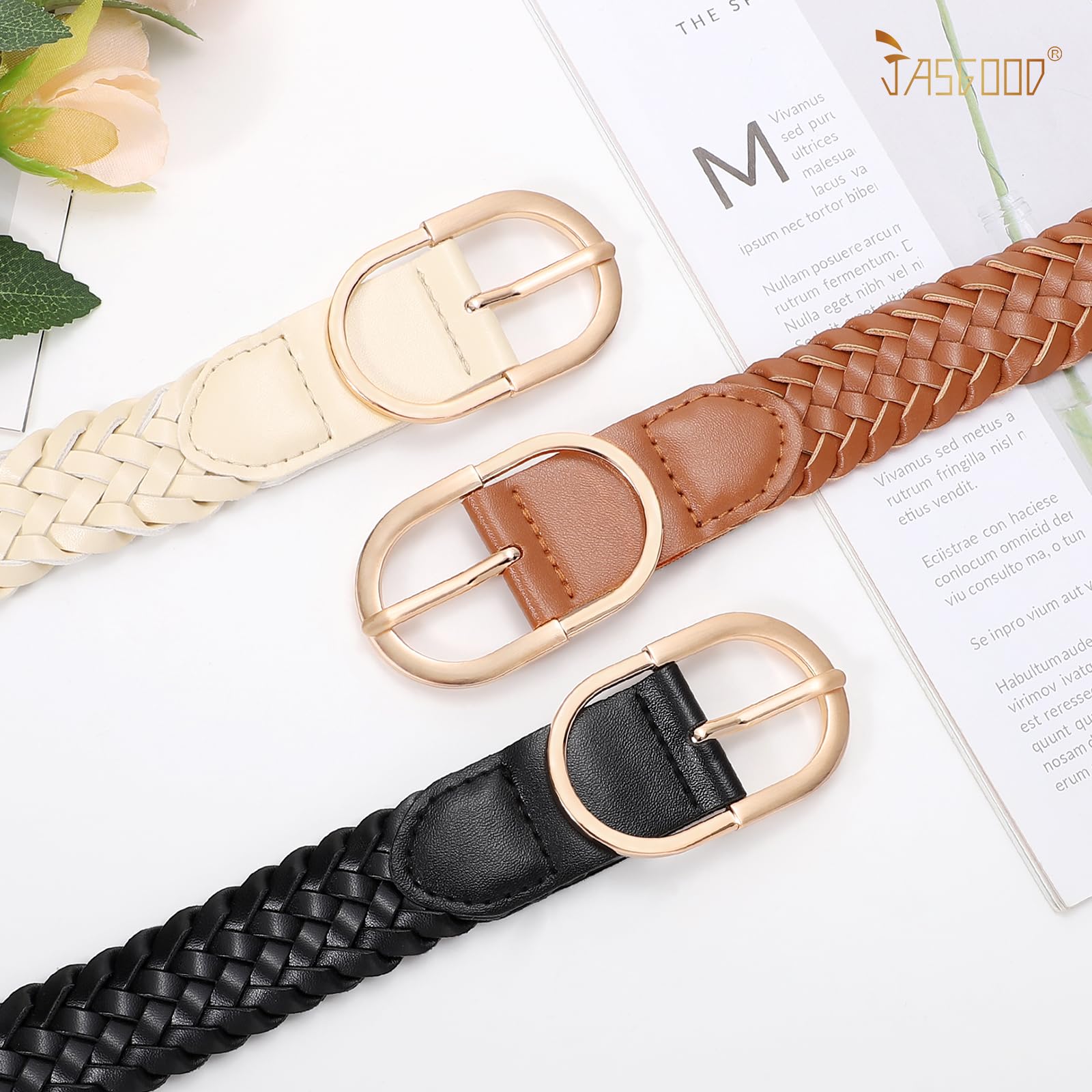 JASGOOD Women's Skinny Leather Braided Belt, Hand-Woven Thin Belt with Gold Buckle for Women for Jeans Pants Dresses