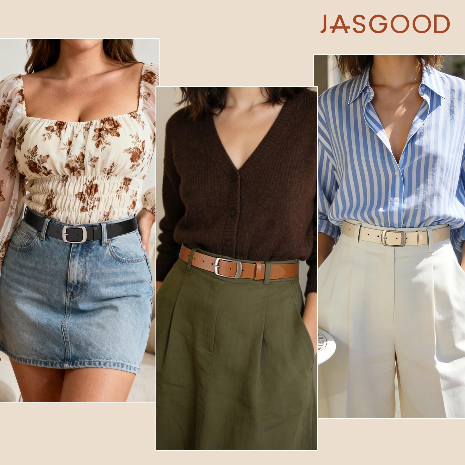 JASGOOD 3 PACK Women Belts for Jeans Pants Fashion Ladies Leather Waist Belt with Gold Buckle - JASGOOD OFFICIAL