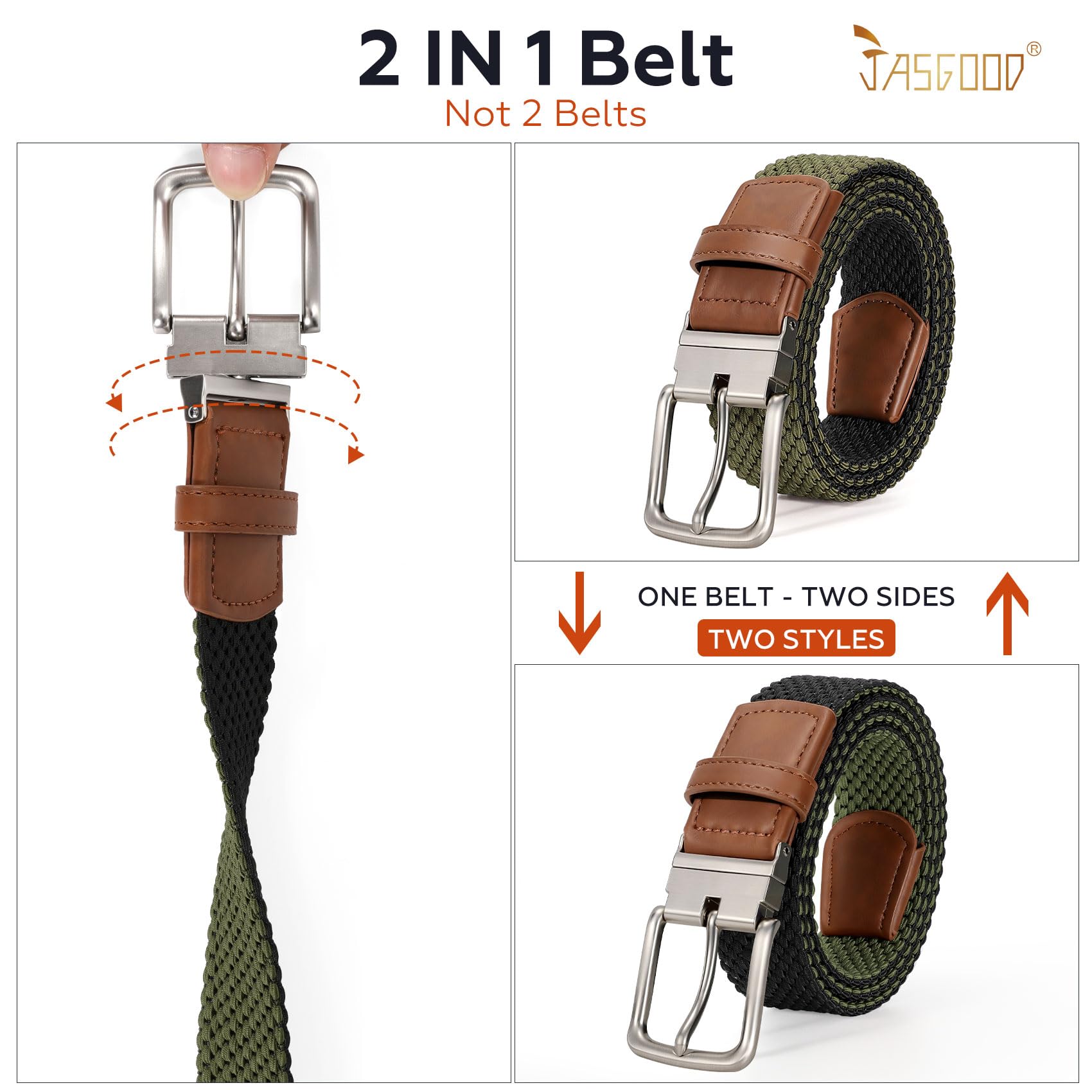 JASGOOD Reversible Elastic Braided Belt for Men, 1.34" Casual Woven Stretch Golf Belt for Jeans Shorts Pants