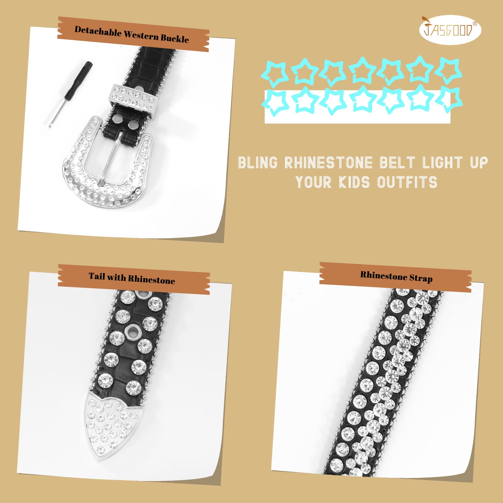 JASGOOD Kids Rhinestone Belt for Girls and Boys,Western Cowgirl Cowboy Bling Studded Leather Belt for Jeans Dress