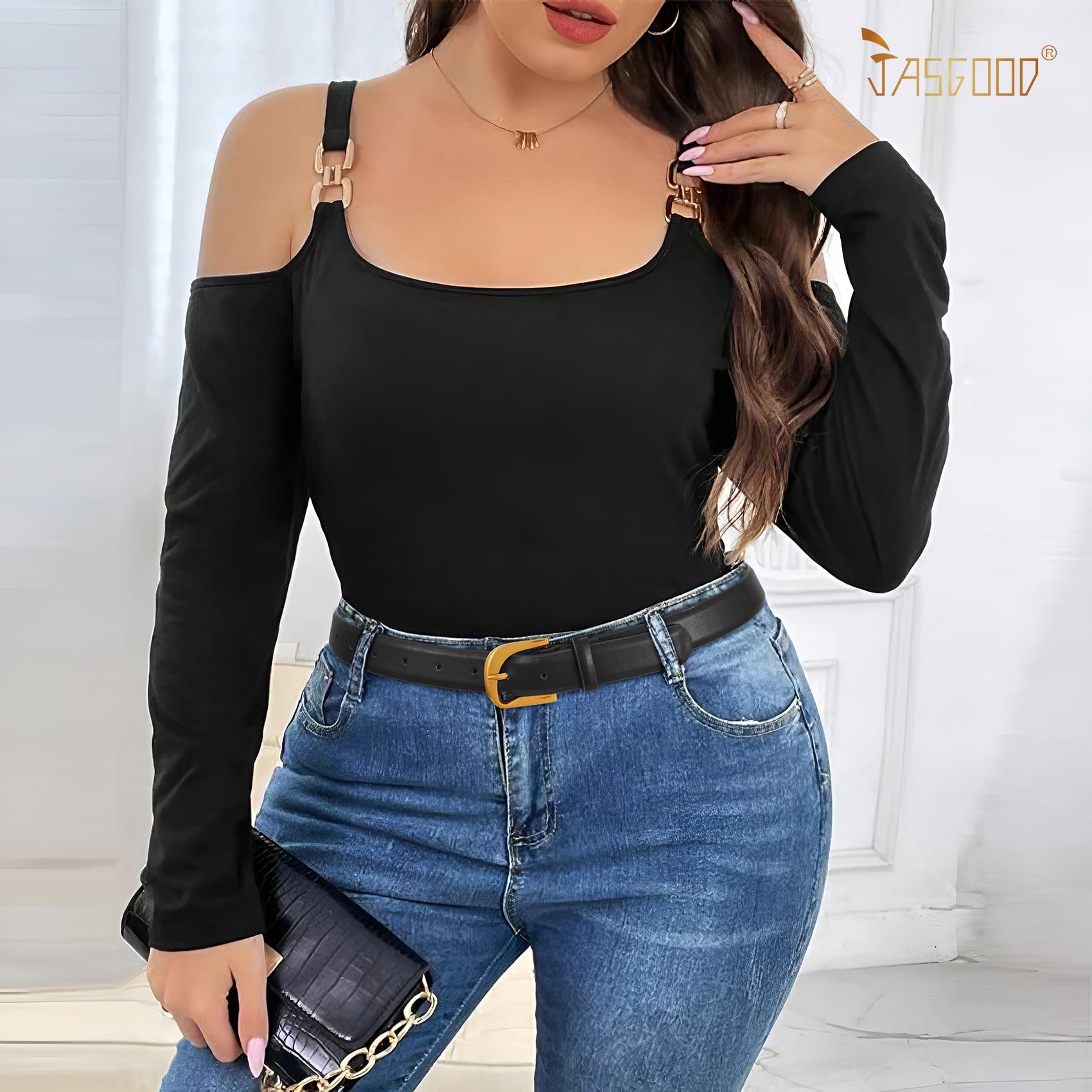JASGOOD Women Leather Belts Plus Size Faux Leather Belt for Jeans Pants Fashion Ladies Waist Belt with Gold Buckle