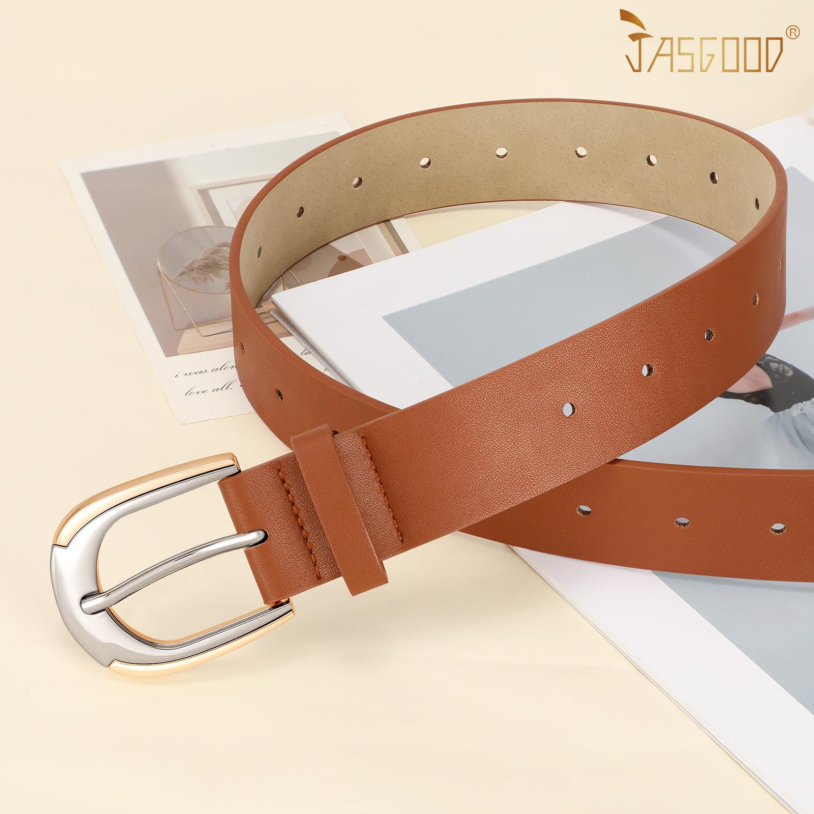 JASGOOD Leather Belts for Women Ladies Casual Belt for Jeans Pants Dresses with Gold and Silver Buckle