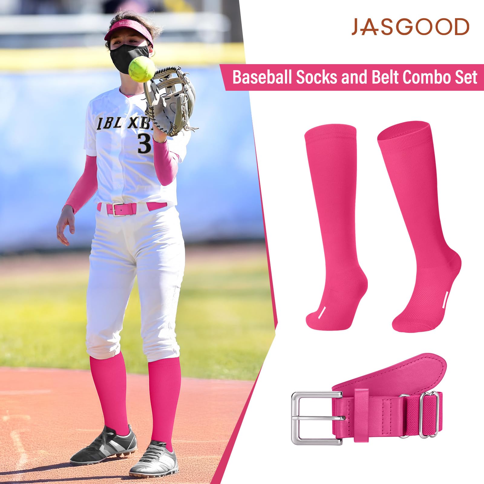 JASGOOD Baseball Softball Socks and Belt Combo Set Breathable Soccer Football Socks for Adult and Youth