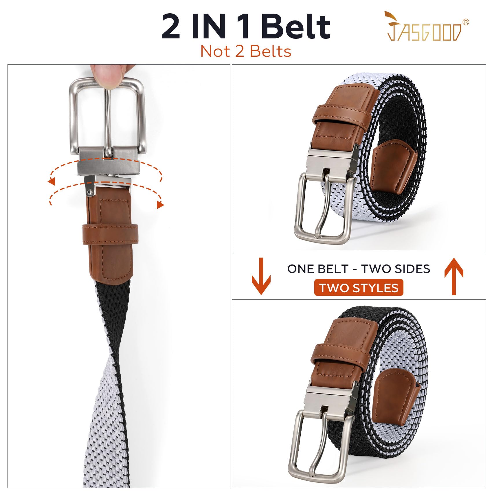 JASGOOD Reversible Elastic Braided Belt for Men, 1.34" Casual Woven Stretch Golf Belt for Jeans Shorts Pants