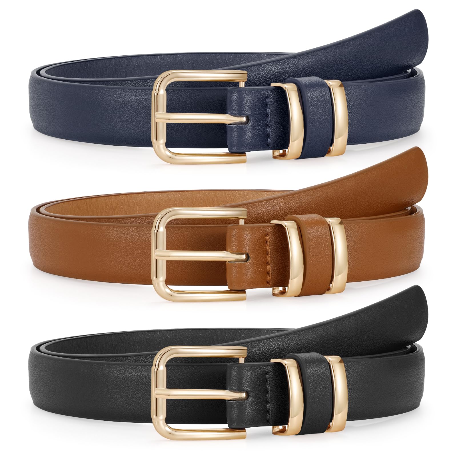 JASGOOD 3 Pack Women's Leather Belts for Jeans Dress Pants Trendy Belts with Gold Buckle
