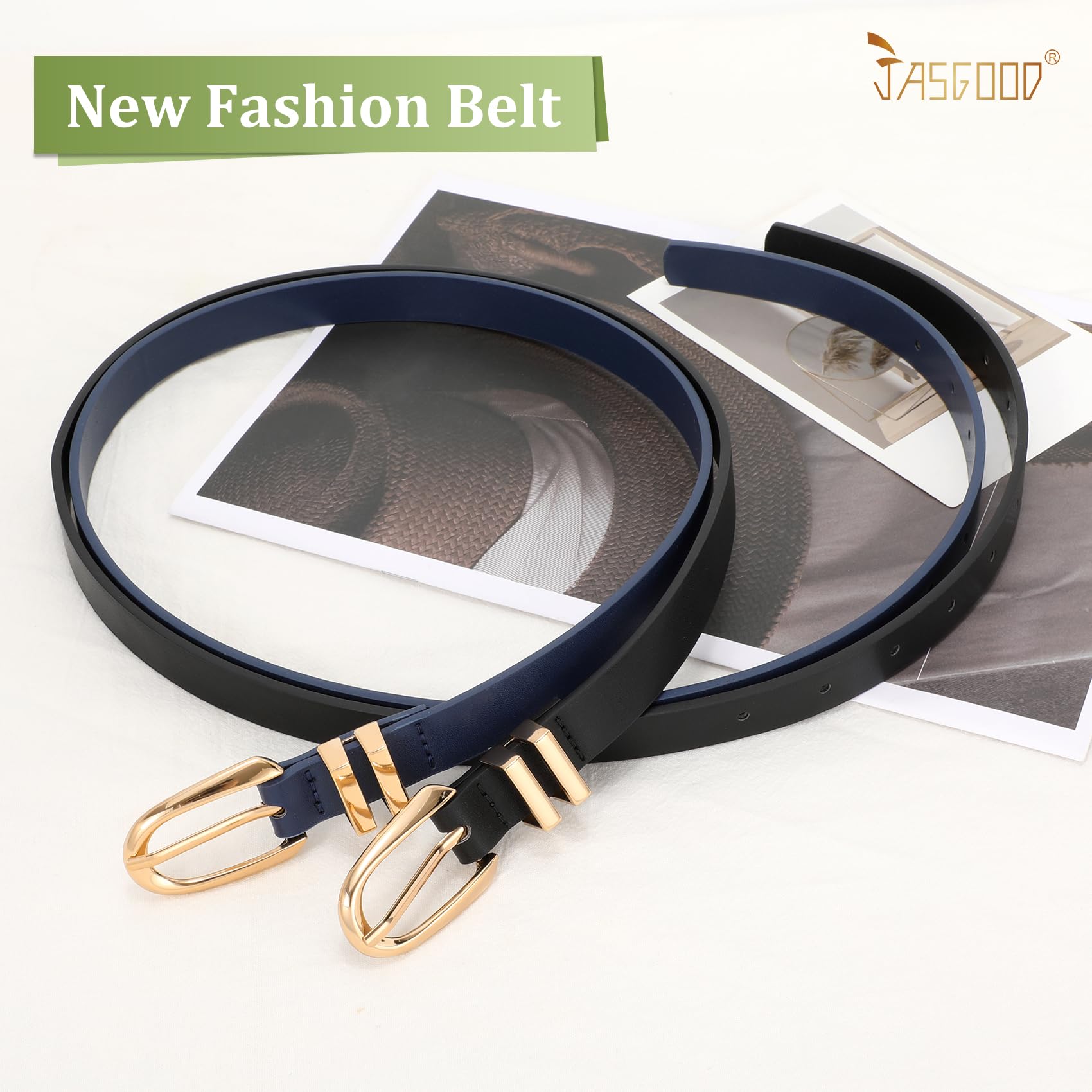 JASGOOD 2 Pack Women Skinny PU Leather Belt Ladies Thin Leather Plus Size Waist Belt for Jeans Dress with Gold Buckle