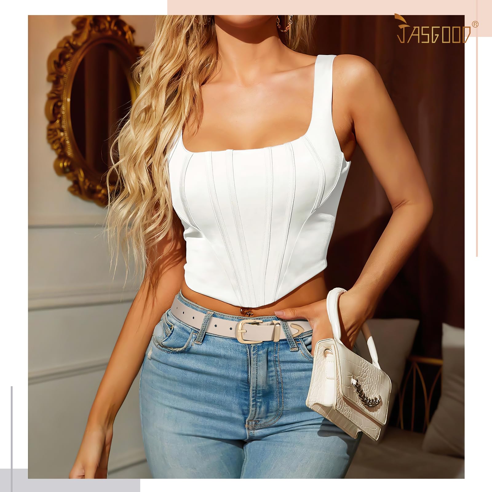 JASGOOD Women's Fashion Leather Belt Ladies Gold Buckle Leather Belt for Jeans Pants Dresses