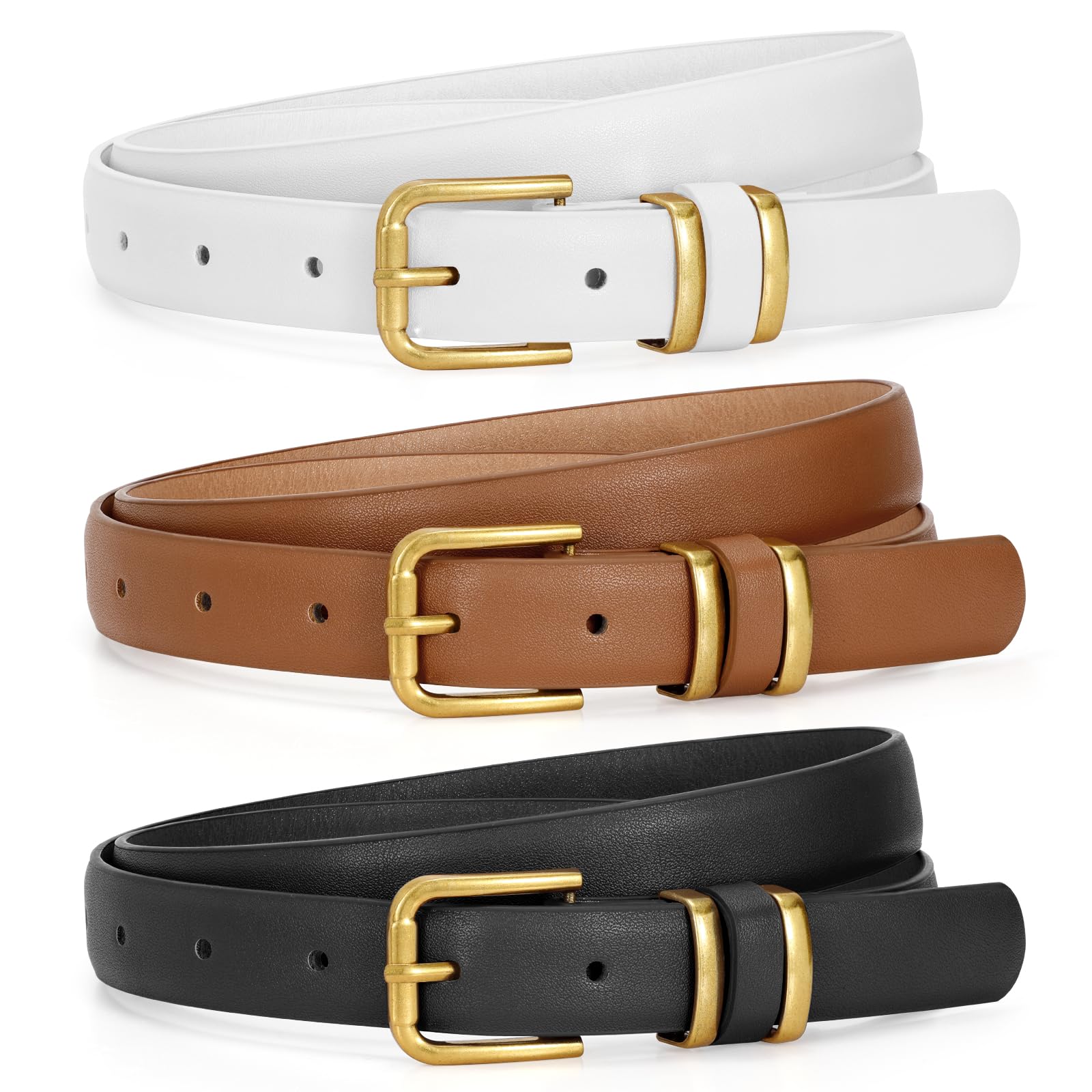JASGOOD 3 Pack Belts for Women Belt for Jeans Pants Dress Ladies Leather Fashion Waist Thin Belts with Gold Buckle