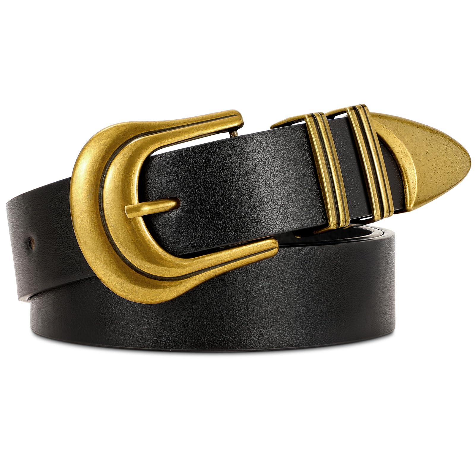 JASGOOD Women's Western Belt Vintage Black Leather Waist Belt for Pants Jeans with Gold Buckle
