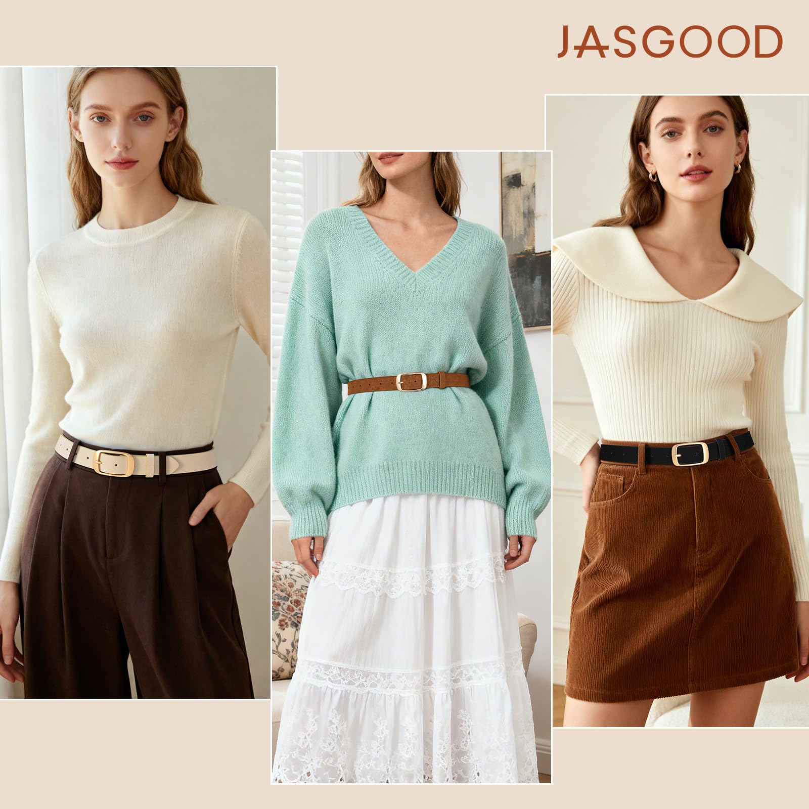 JASGOOD 3 PACK Women Belts for Jeans Pants Fashion Ladies Leather Waist Belt with Gold Buckle - JASGOOD OFFICIAL