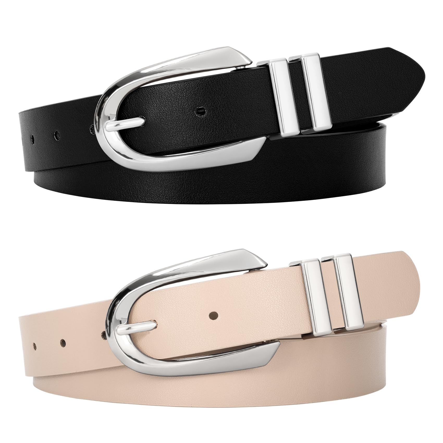 JASGOOD Women Leather Belt Fashion Waist Belt for Pants Jean Ladies Faux Leather Dress belt with Gold/Silver Buckle 2 Pack