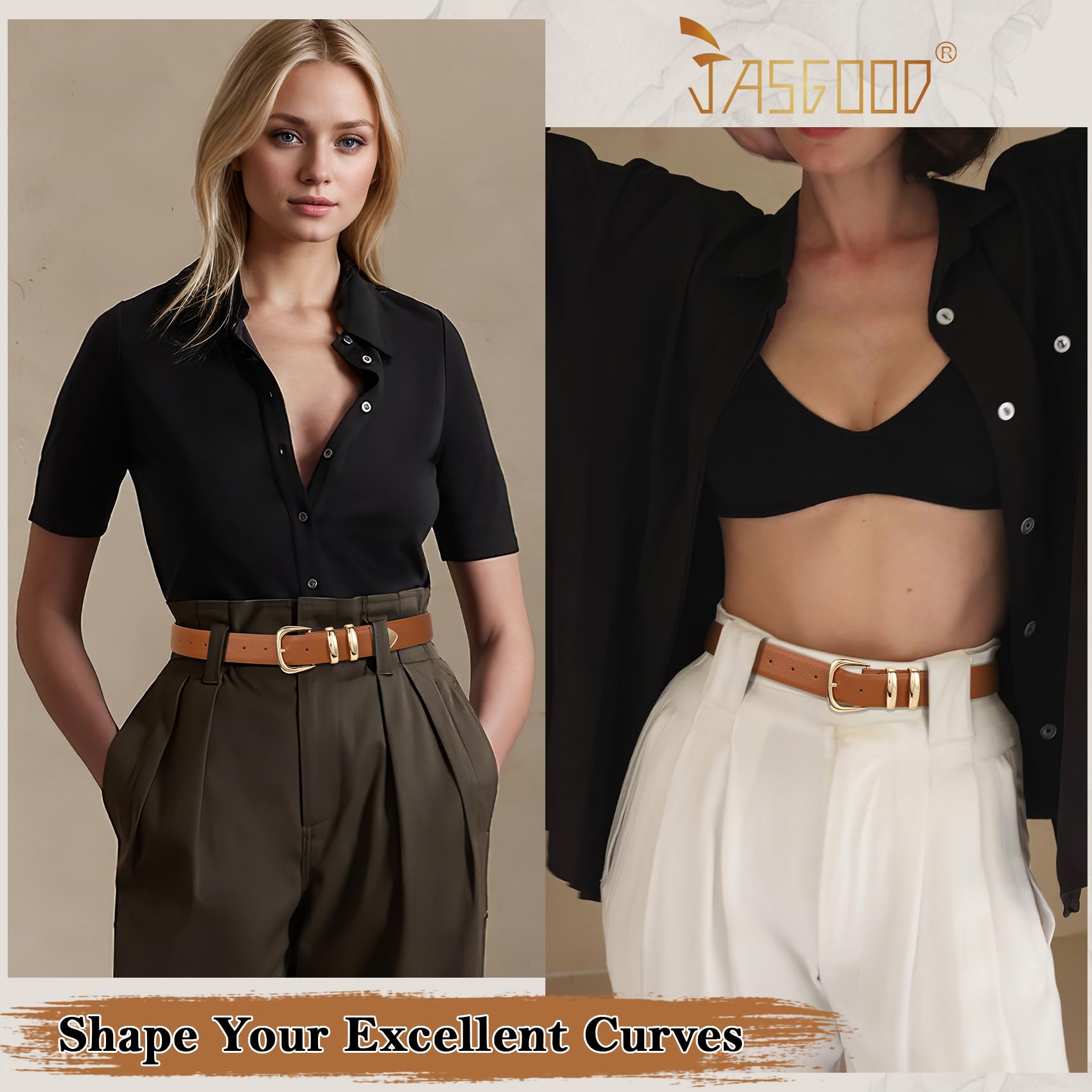 JASGOOD Women's Leather Belts Fashion Leather Waist Belt with Gold Buckle Elegant Ladies Belts for Jeans Dress