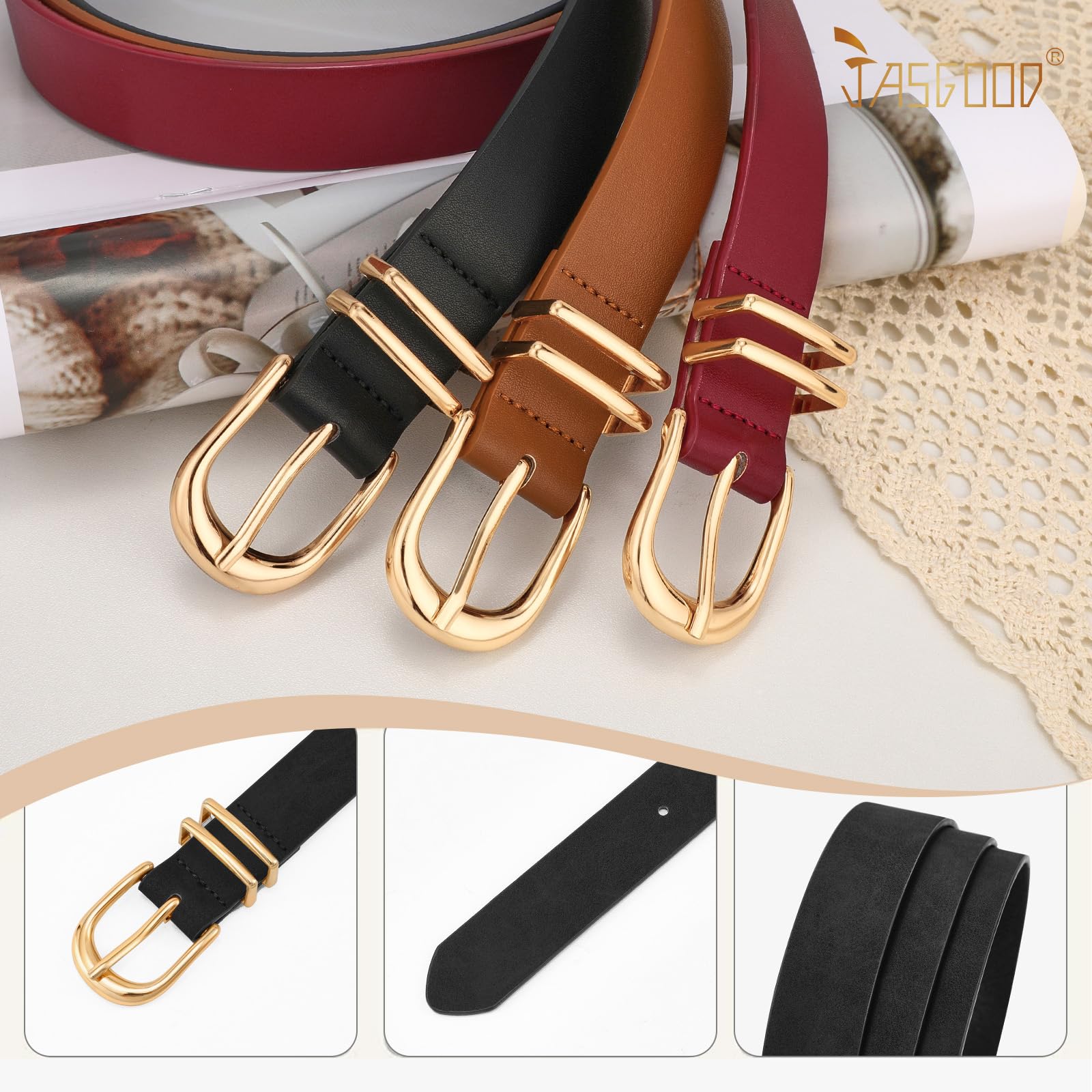 JASGOOD 3 Pack Women Leather Belts For Jeans Dresses Pants Ladies Faux Leather Waist Belt with Gold Buckle - JASGOOD OFFICIAL