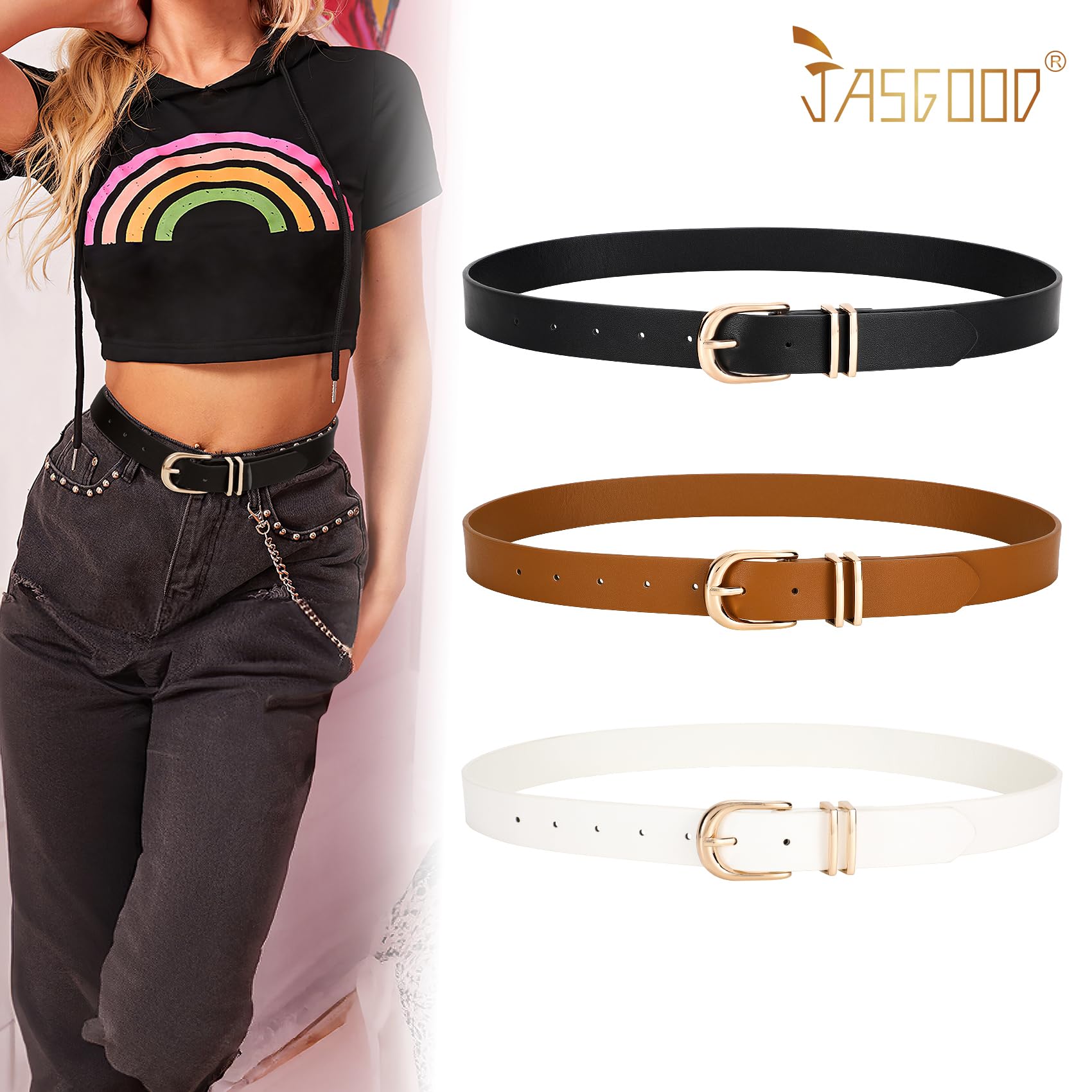 JASGOOD 3 Pack Women Leather Belts For Jeans Dresses Pants Ladies Faux Leather Waist Belt with Gold Buckle - JASGOOD OFFICIAL