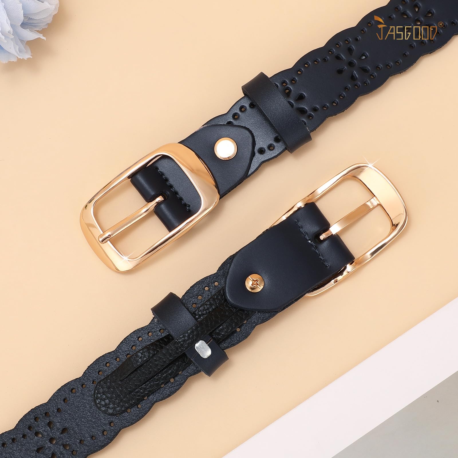 JASGOOD Leather Belt for Women Hollow Flower Leather Belt for Jeans Pants Fashion Waist Belt with Gold Buckle